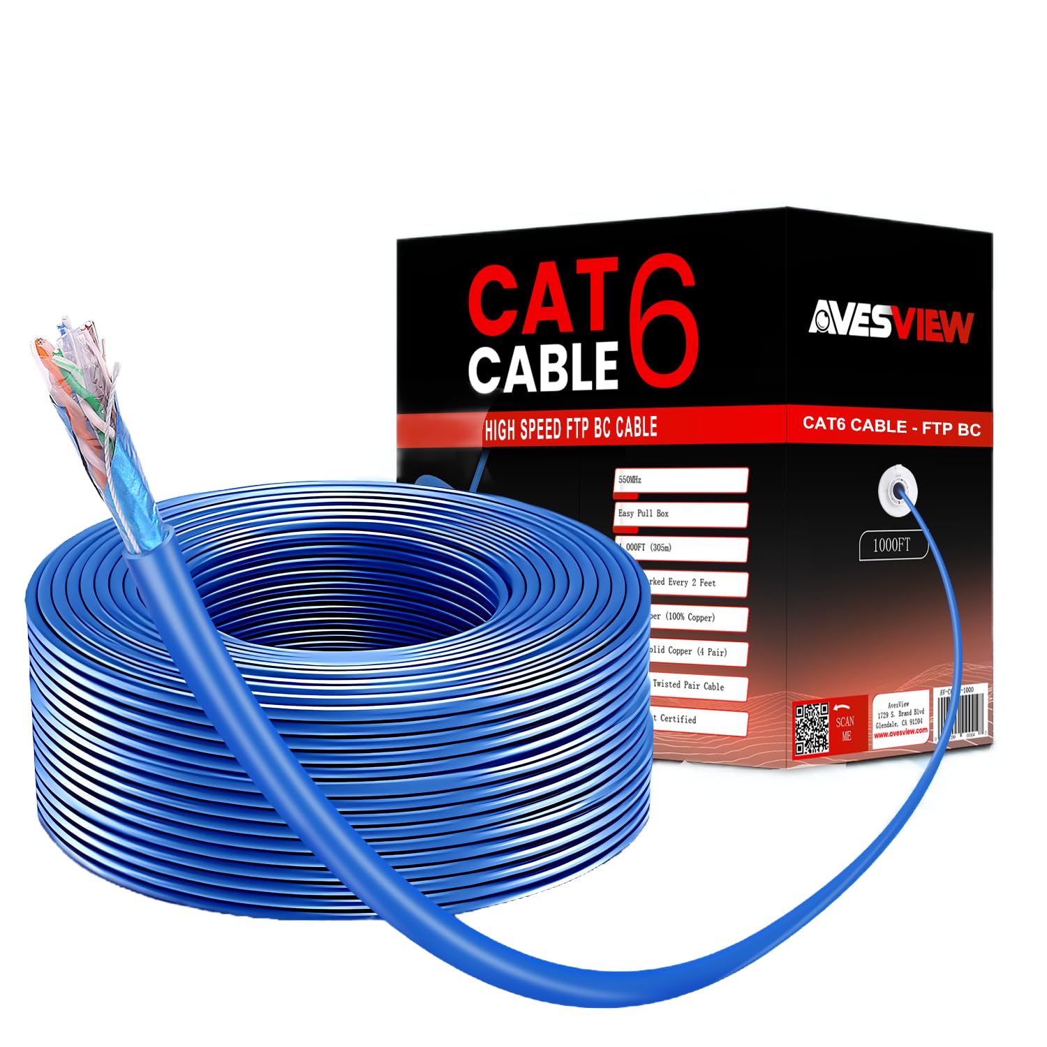 Avesview Cat6 Indoor 1000Ft Shielded Ethernet Cable 23Awg Solid Bare Copper (Bc) For Enhanced Connectivity, 550Mhz Bandwidth, Ov