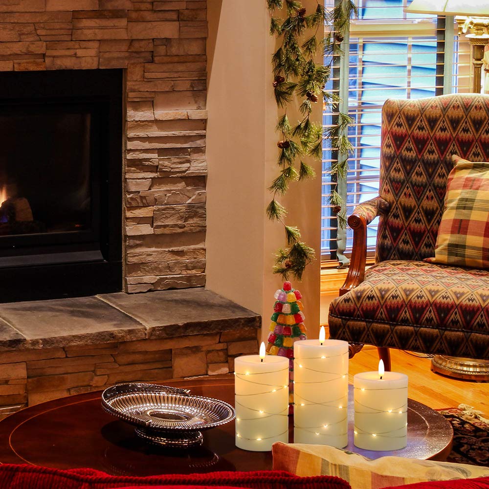 Dromance Flameless Flickering Candles String Light With Remote Timer Set Of 3 Battery Operated Led Pillar Candles Real Wax 3D Wi