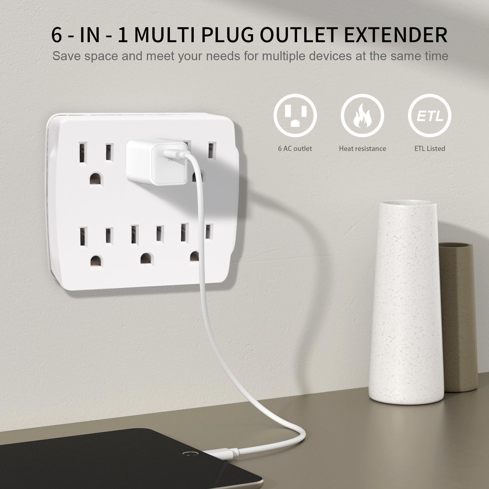 Extrastar 6 Outlet Extender, Multi Plug Outlet With 3 Prong Electrical Outlet Splitter, 15A/125Vac/1875W, Grounded Wall Outlet T