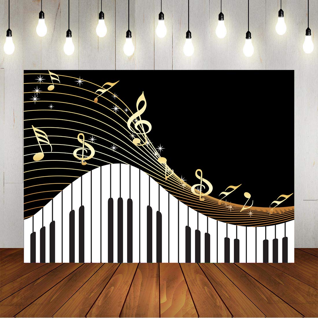 Piano Theme Backdrop For Photography Golden Musical Notes And Piano Keyboard Background For Kids Birthday Party Art Studio Photo