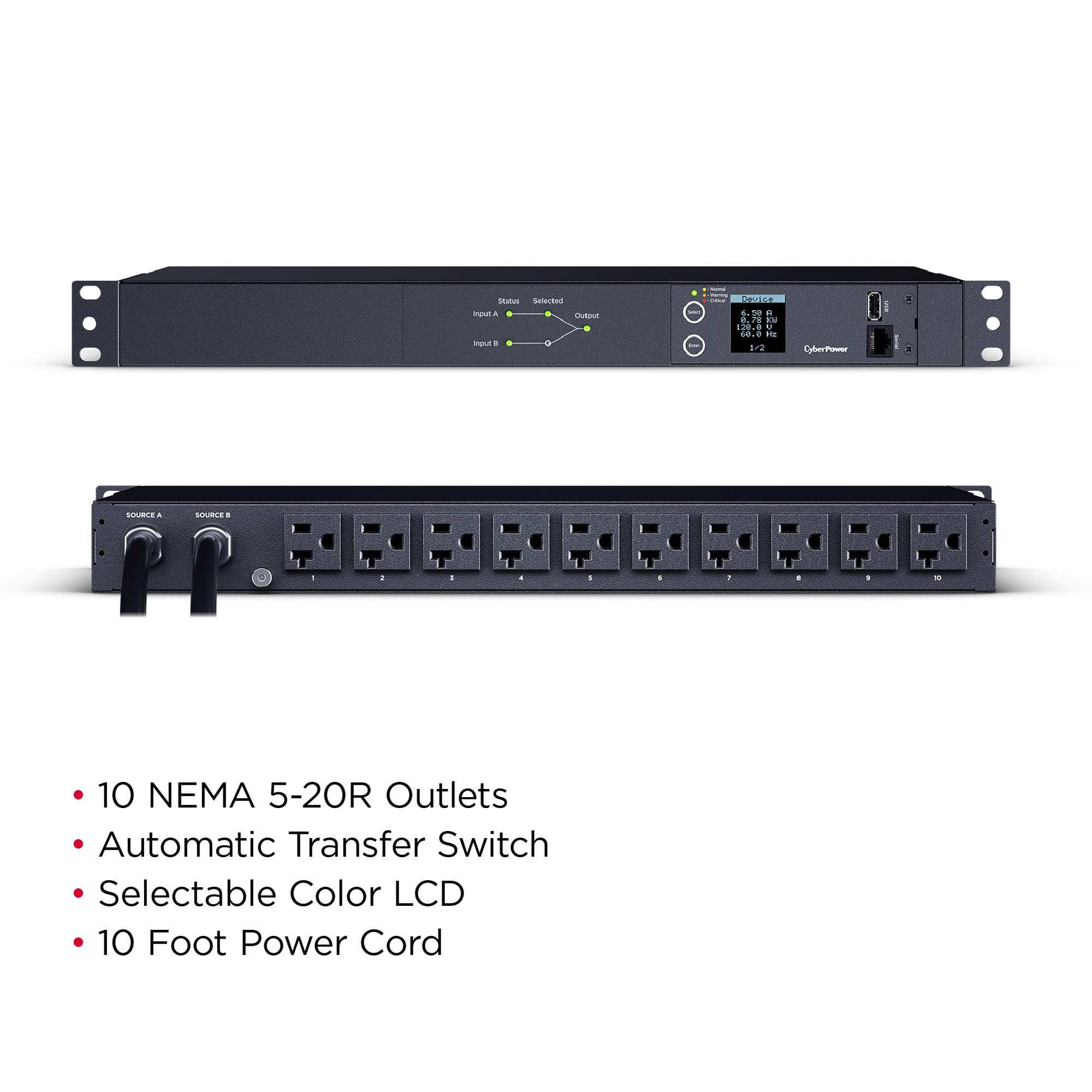 Cyberpower Pdu24002 Metered Ats Pdu, 100 120V, 20A (Derated To 16A), 10 Outlets, 1U Rackmount