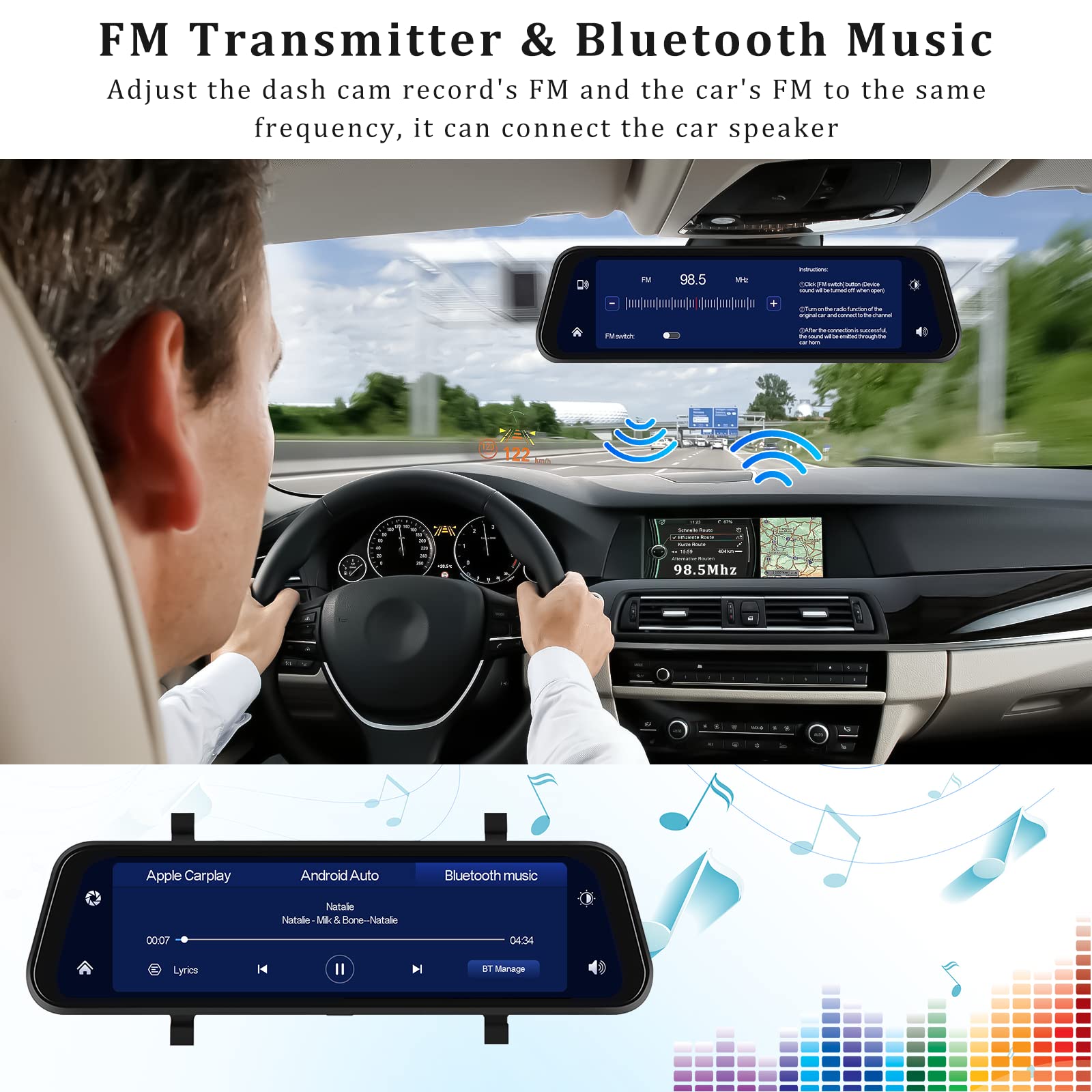 AMprime 9.66 Mirror Dash Cam with Apple Carplay & Android Auto, 1080P Dual Cameras, Night Vision, Parking Assistance, Free 64GB Card - Black