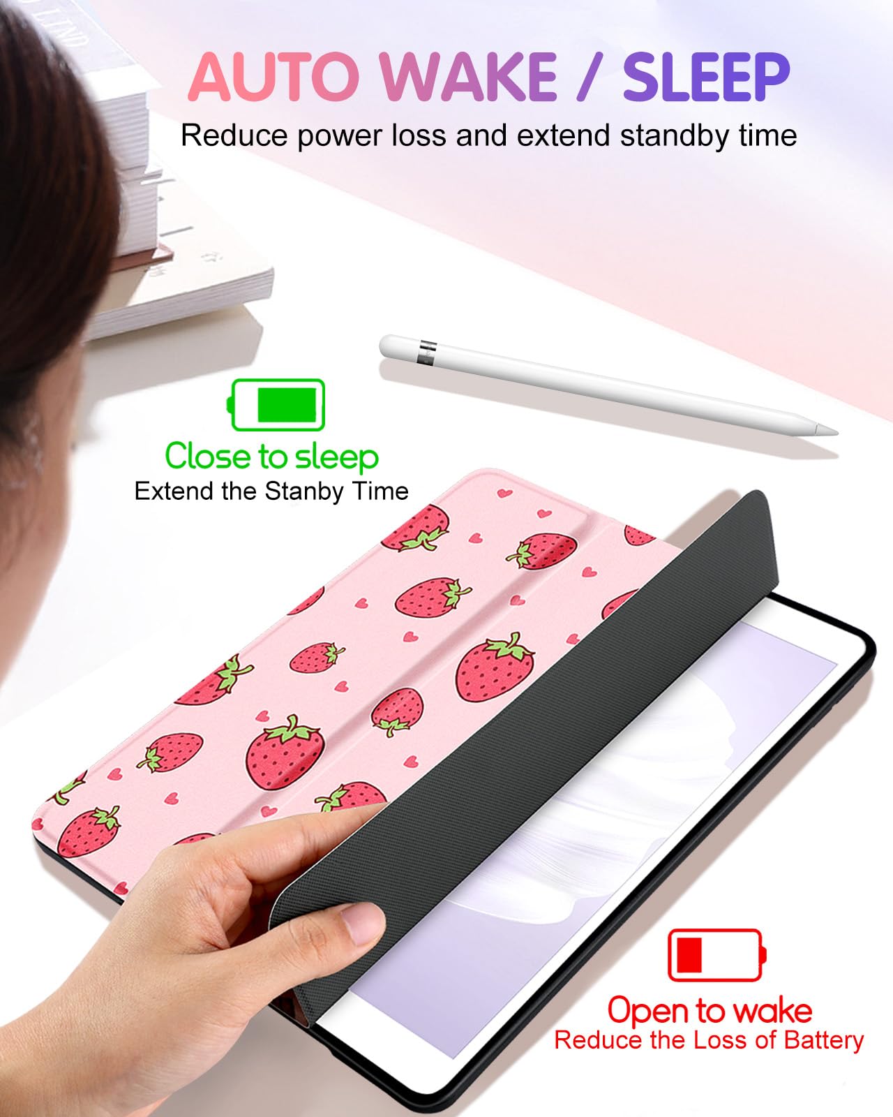 Uppuppy For Ipad 9Th/8Th/7Th Generation Case 10.2 Inch Girls Cute Kids Women Folio Smart Cover Pencil Holder Strawberry Aestheti
