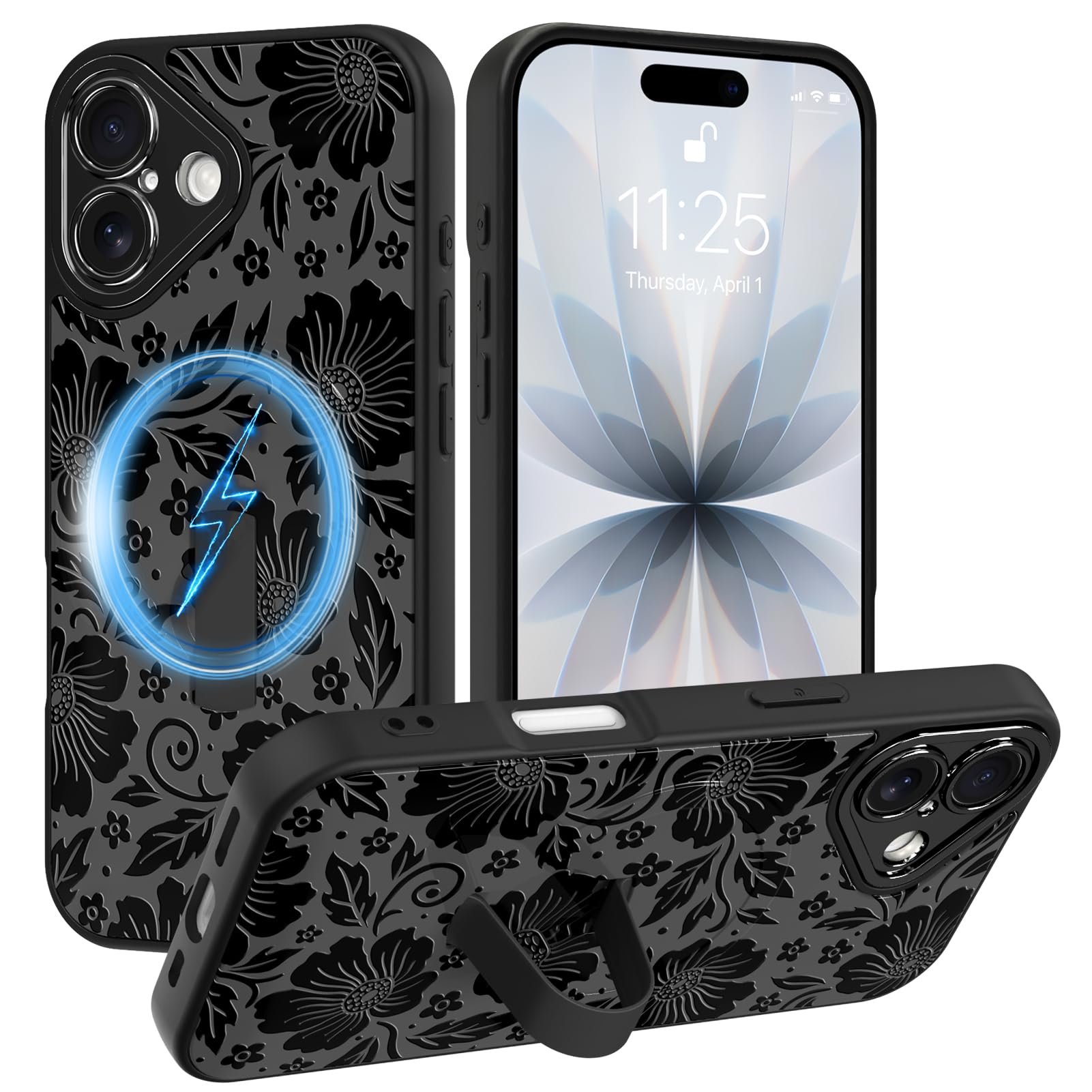 SOKAD Magnetic Floral Case for iPhone 17 with Finger Strap Kickstand, Compatible with Magsafe, Cute Lace Flower Designed for Wom