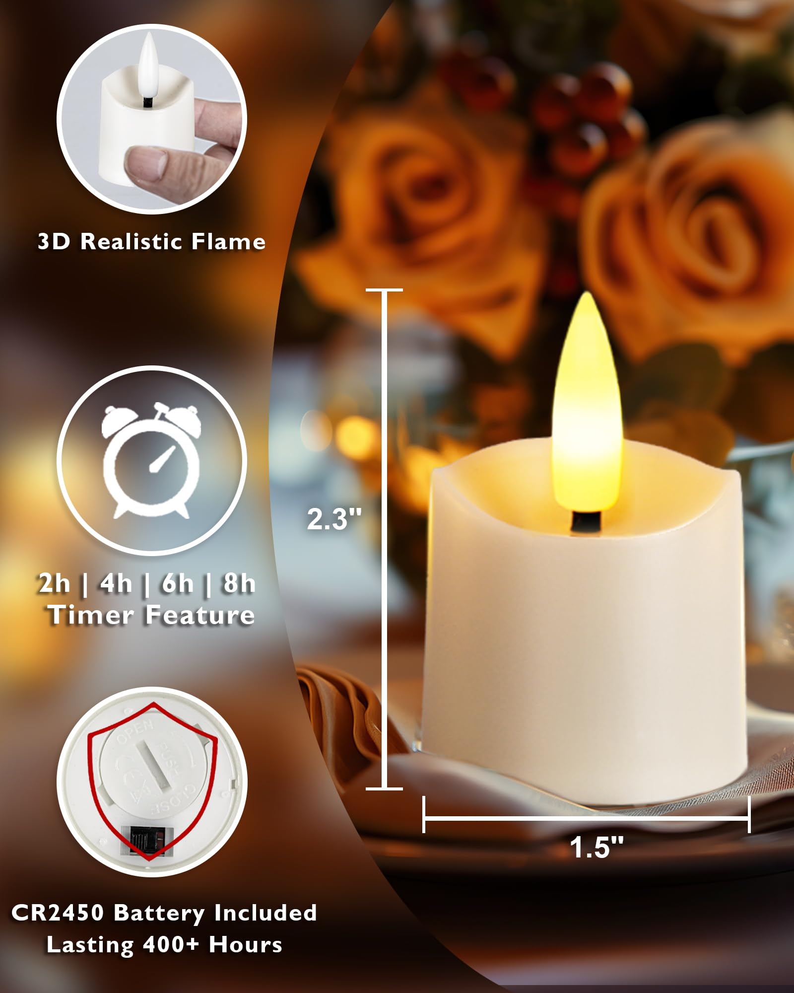 Homemory 12Pack 400+ Hour Remote Control Candles, 2/4/6/8H Timer Led Votive Candles, Battery Operated Tea Lights In Warm White F