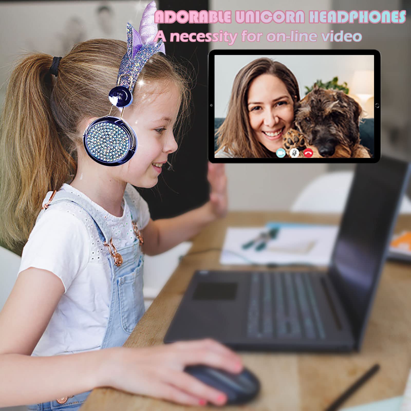 Unicorn Wireless Headphones For Kids,Cat Ear Bluetooth 5.0 Over Ear Headphones With Microphone For Cellphone/Ipad/Laptop/Pc/Tv/P