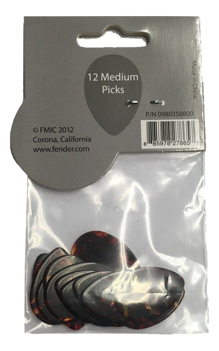 Fender Classic Celluloid Guitar Picks 358 Shape, Guitar Accessories, Tortoise Shell, Medium, 12 Pack