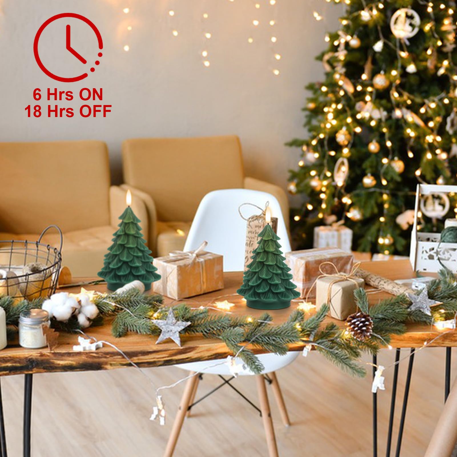 Eldnacele Christmas Tree Flameless Candle With 6 Hour Timer, Battery Operated Real Wax 3D Wick Flickering Pillar Green Led Candl