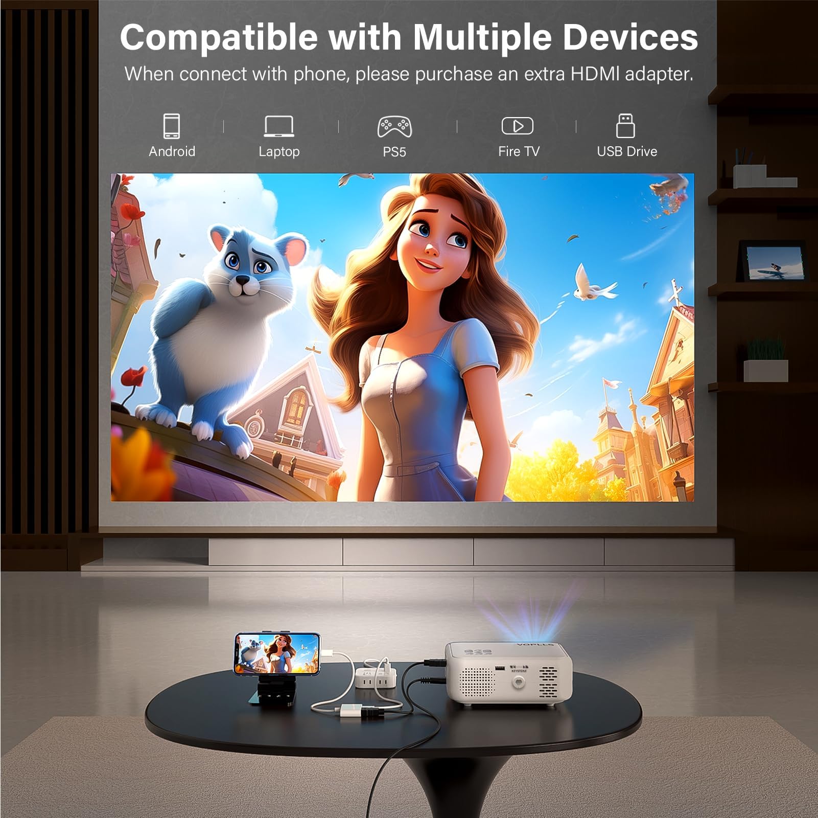 VOPLLS N3 Mini Projector 1080P Full HD Portable Home Theater Video Projector White