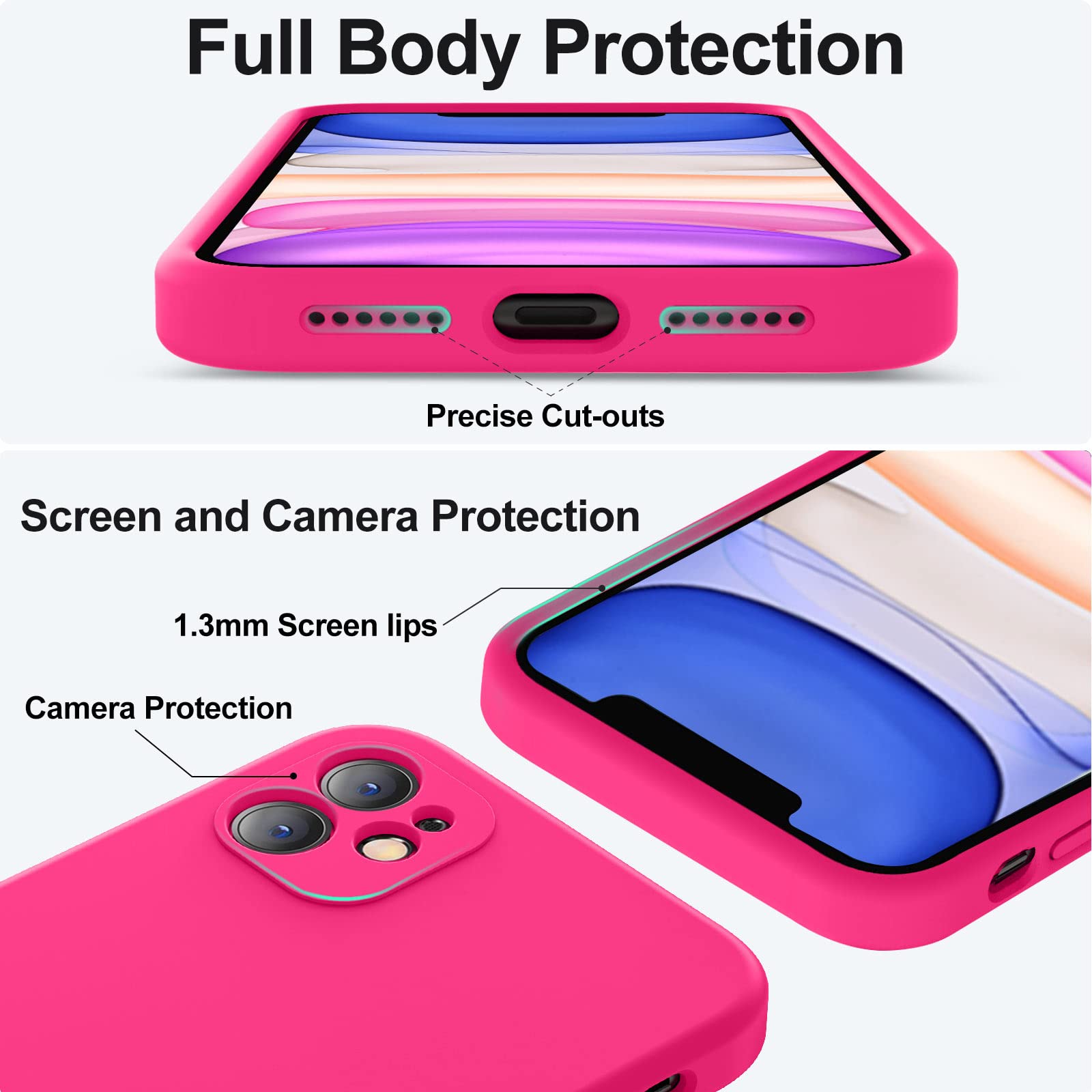 Vooii iPhone 11 Case - Upgraded Liquid Silicone, Square Edges, Camera Protection, Soft Microfiber Lining - 6.1 inch, Hot Pink