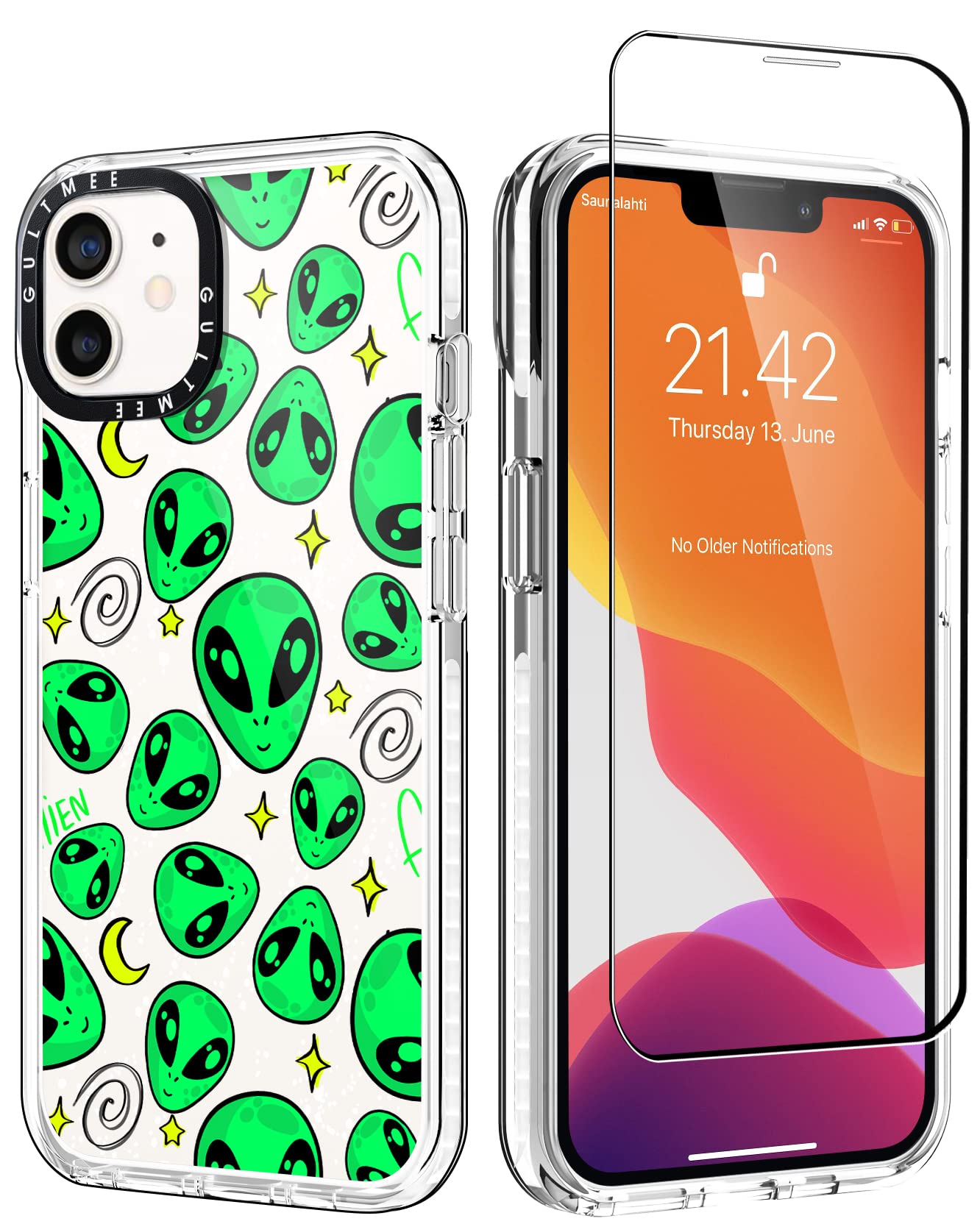 Gultmee For Iphone 12 Case & Iphone 12 Pro Case 6.1 Inch With 1 Screen Protector,Green Cool Alien Print Slim Design With Shockpr