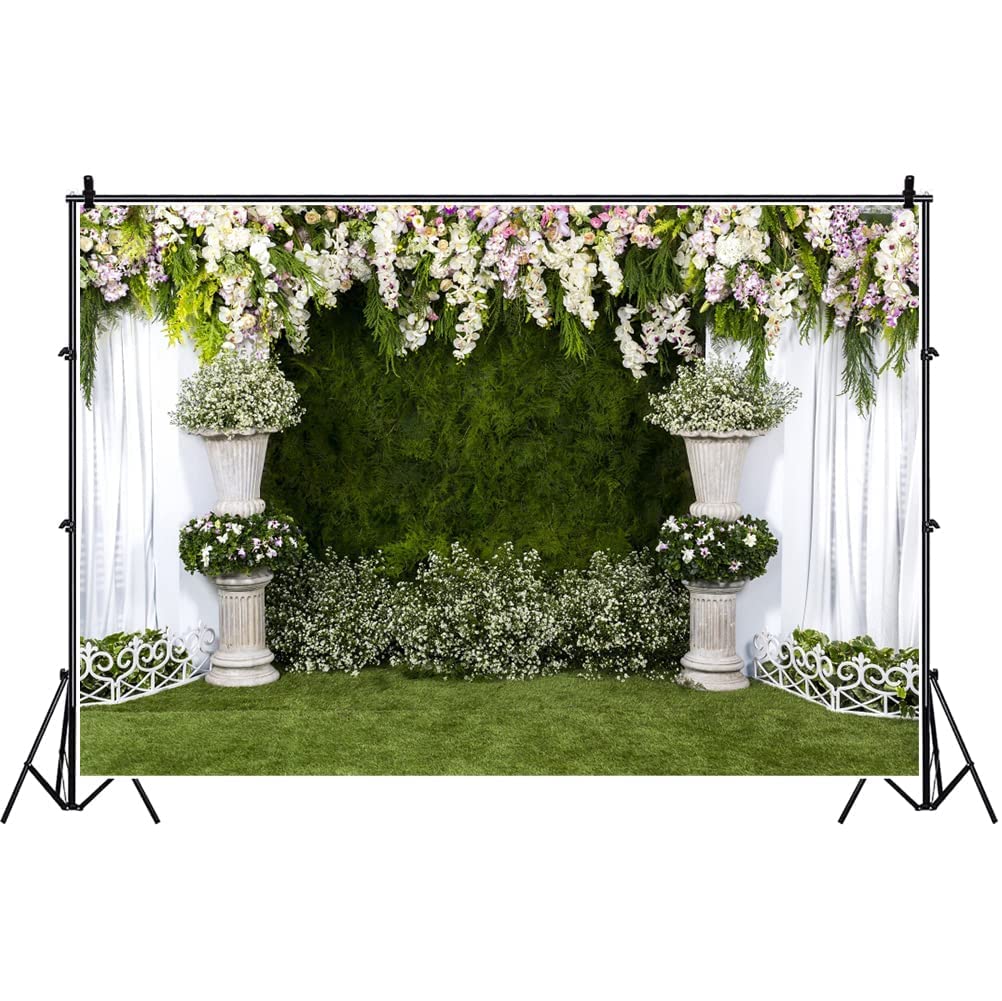Laeacco Arch Wedding Flowers Backdrop 10X8Ft Vinyl Photography Background Stone Planter Flowers White Curtain Green Ivy Wall Decoration Outdoos Ceremony Green Grassfield Backdrop