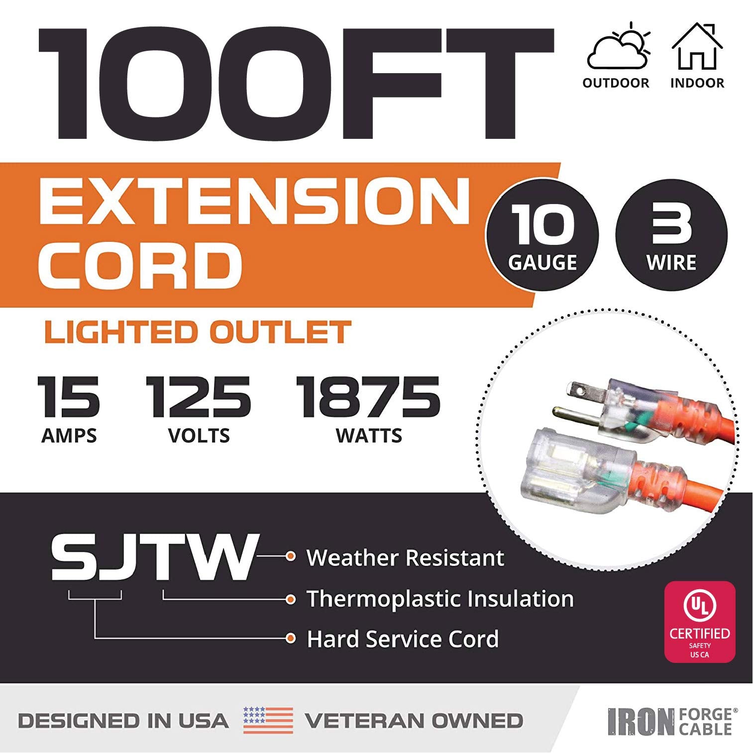 Iron Forge Cable 100 Foot Lighted Outdoor Extension Cord   10/3 Sjtw Orange 10 Gauge Extension Cable With 3 Prong Grounded Plug