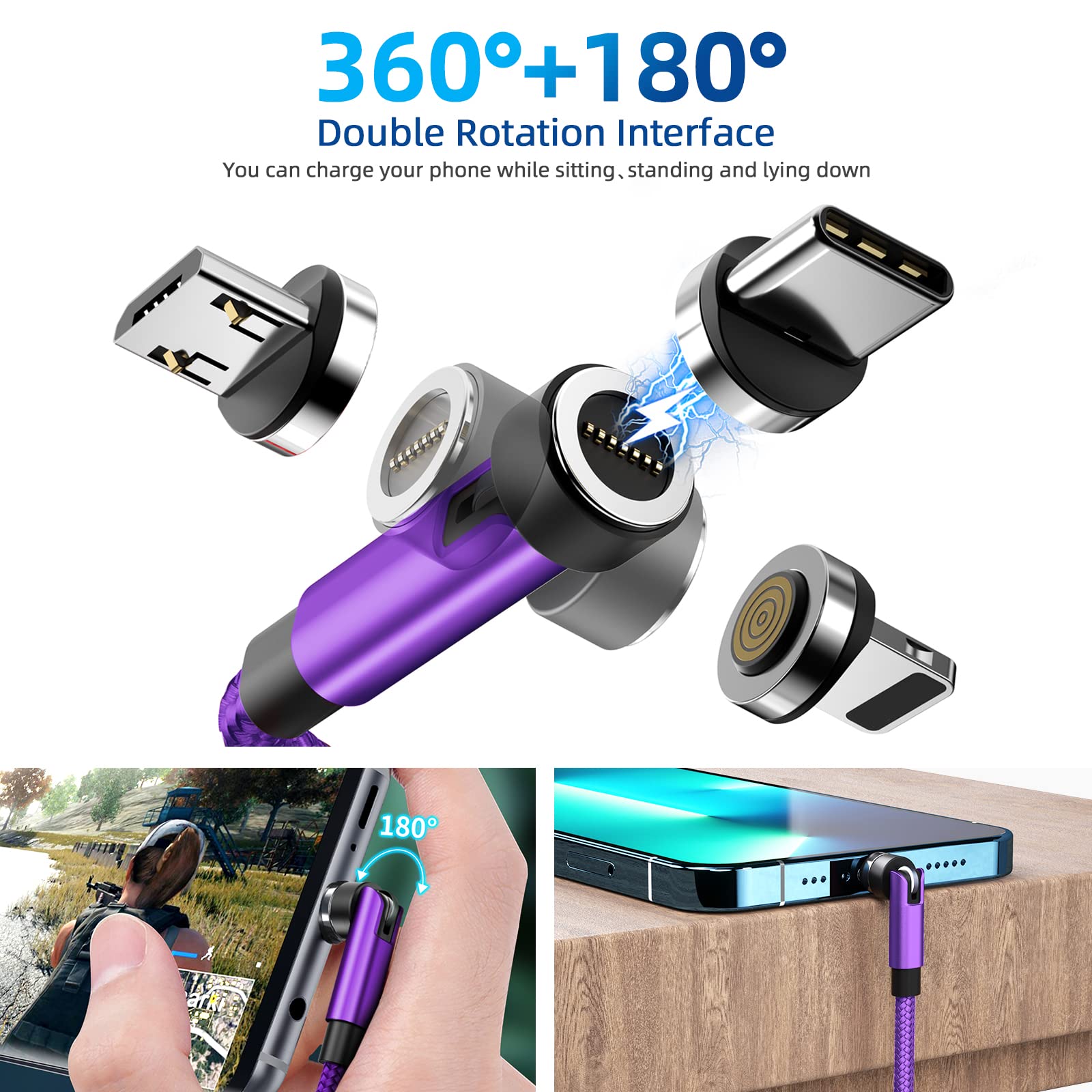 540 Rotation Magnetic Charging Cable 3 In 1 Magnetic Phone Charger [4 Pack, 3Ft/3Ft/6Ft/10Ft] 3A Fast Charging Cable & Data Tran