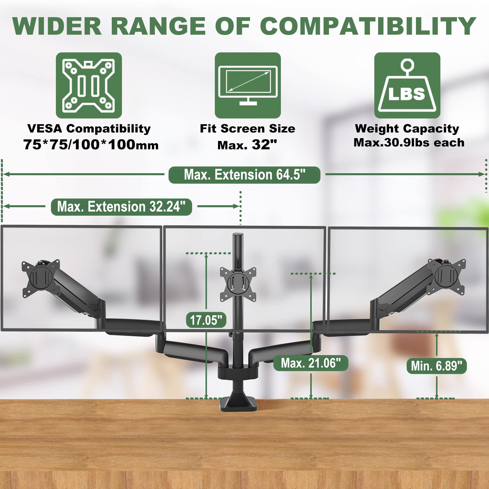 Upgravity Triple Monitor Stand, 3 Monitor Desk Mount For Three Computer Screens Up To 32   , Heavy Duty C Clamp Base, Fully Adju