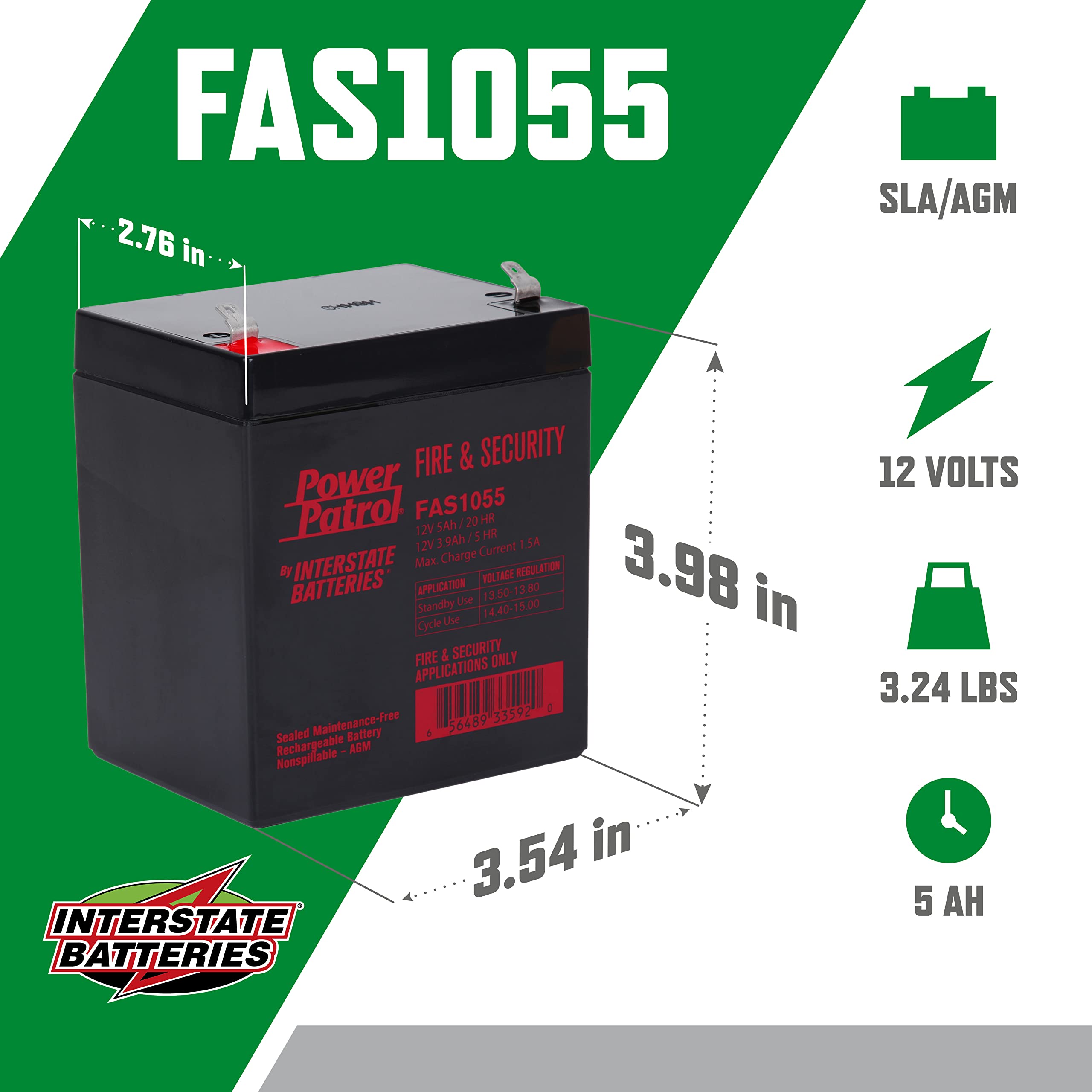 Interstate Batteries 12V 5Ah Fire & Security Battery   F1 Terminal, Sla Agm Vrla Power Patrol, Rechargeable Replacement For Fire