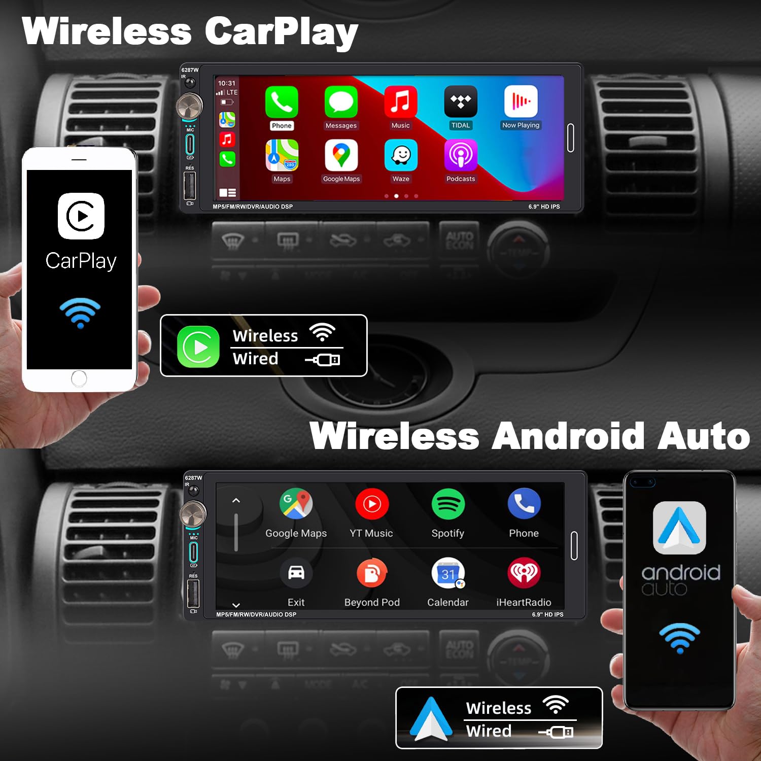 Alondy Single Din Car Touchscreen Radio (6.9-Inch) Compatible With [Wireless] Apple Carplay Android Auto Car Stereo Bluetooth Us