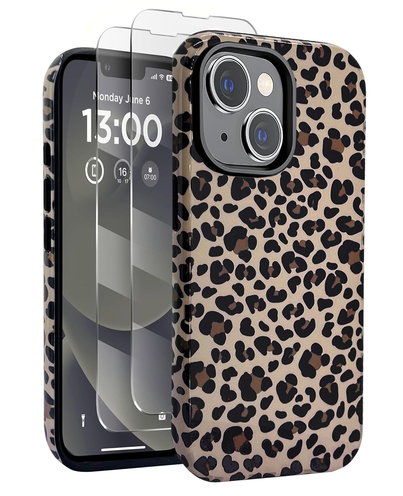 J.west Compatible with iPhone 13 Case/iPhone 14 Case 6.1 inch with 2 Pack Tempered Glass Screen Protectors Cute Animal Leopard H