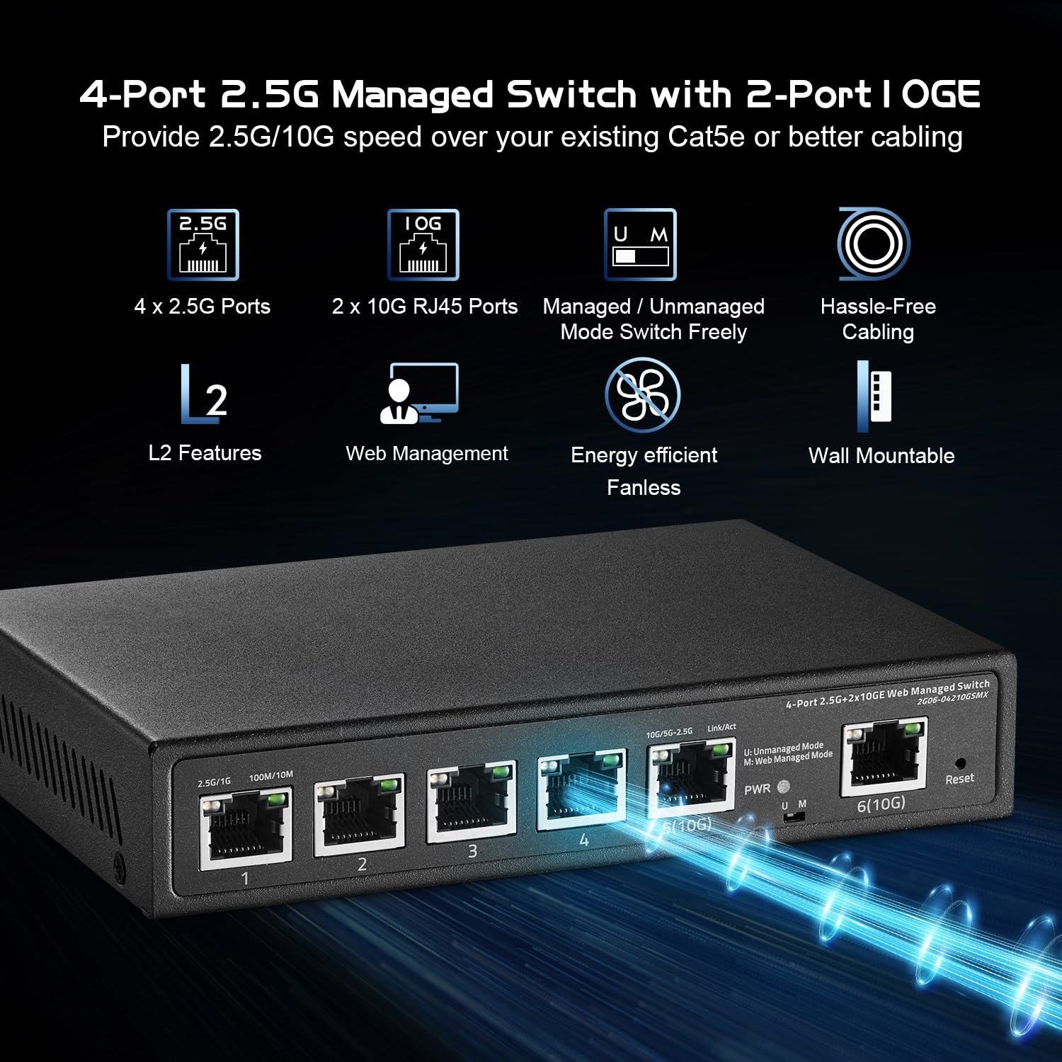 Binardat 6 Port 10G Switch, 4 X 2.5G Rj 45 Base T Ports, 2 X 10G Rj 45 Ports, Web Managed/Unmanaged, Metal Fanless Managed Multi