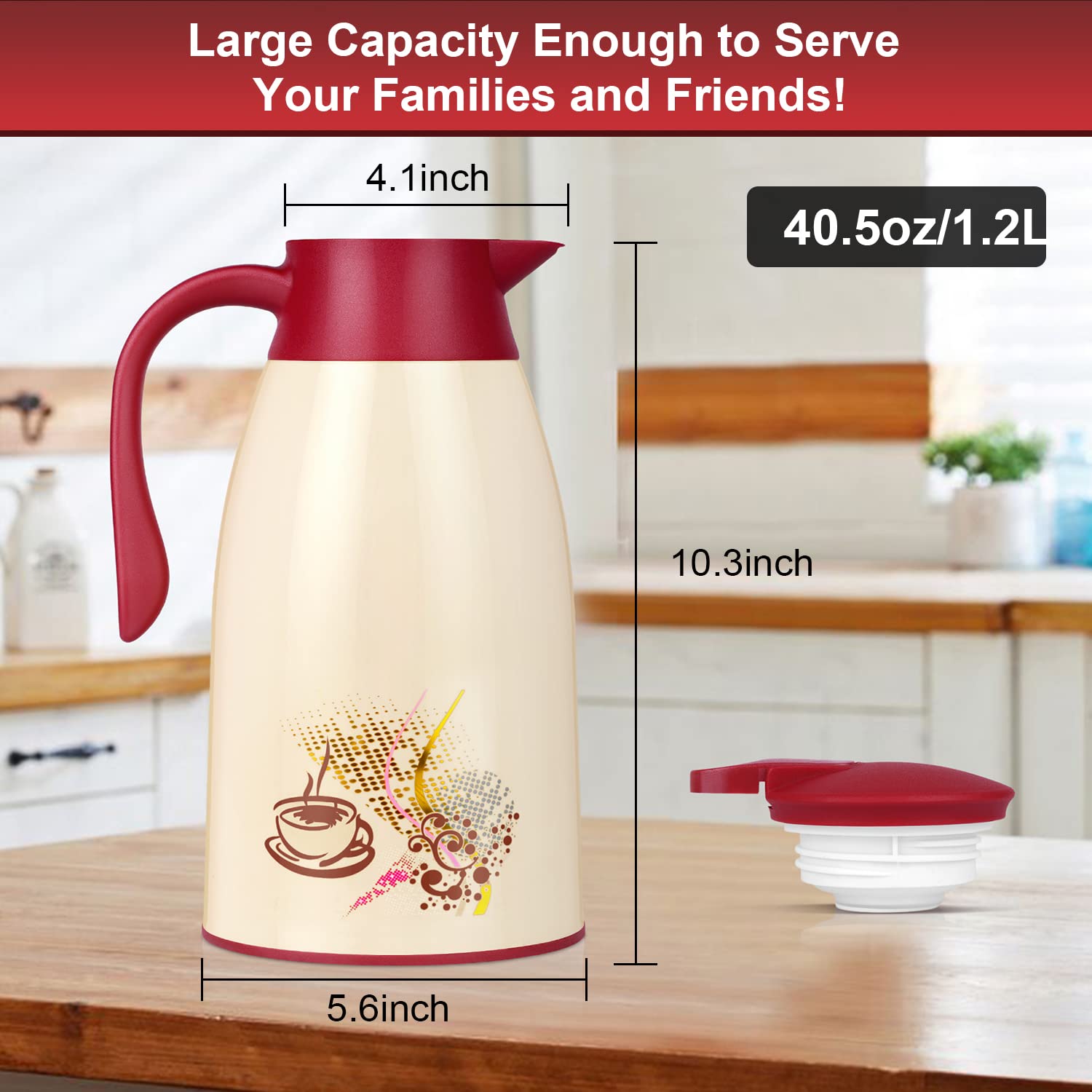 Acechef 40.5 Oz Glass Lined Thermal Carafe, Insulated Coffee Carafe, Coffee Thermos, Tea Pot With Lid, Vacuum Insulated Thermal