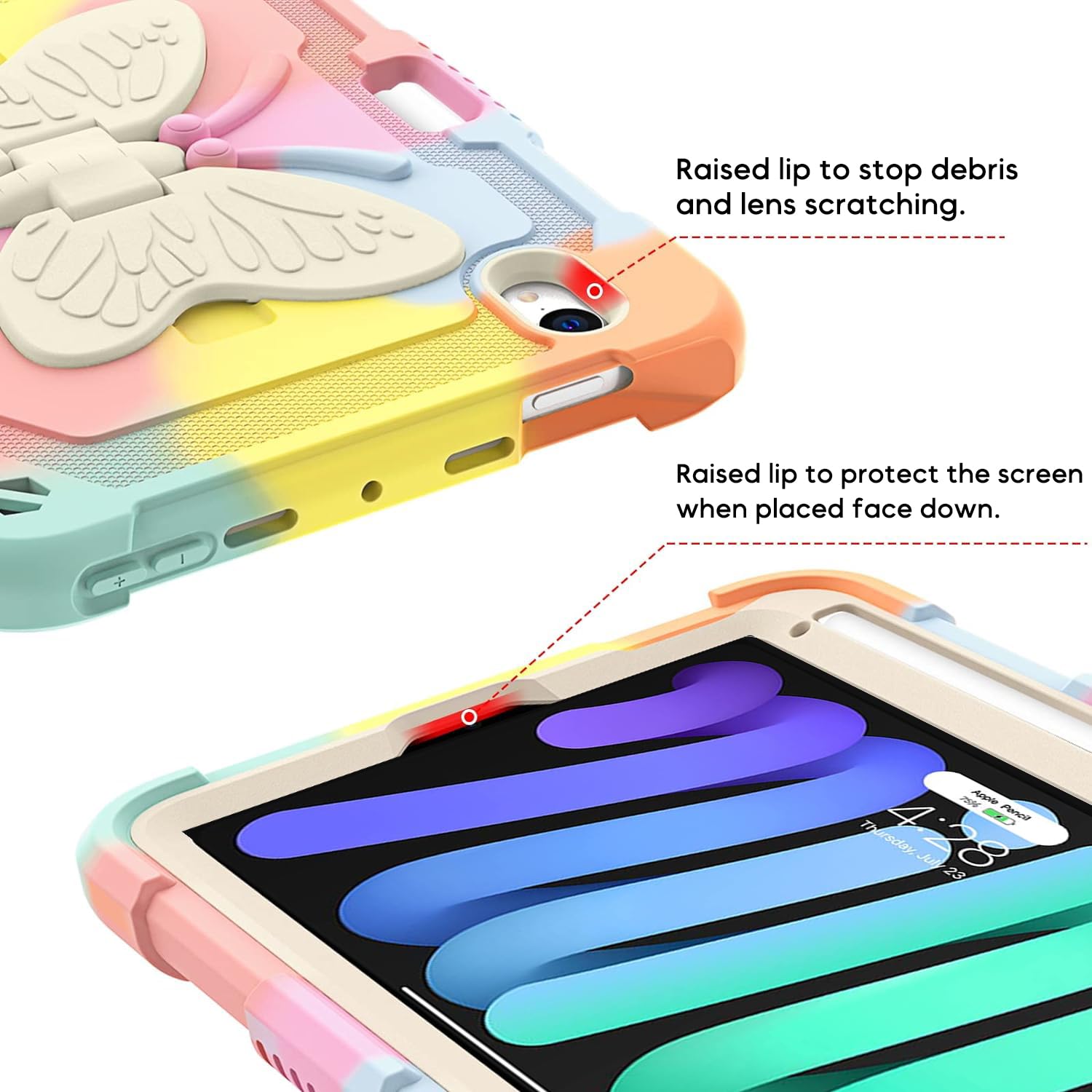 Dreamerx Ipad Mini 6 Case With Butterfly Kickstand Pencil Holder Shoulder Strap, Heavy Duty Rugged Protective Cute Cover For Kid
