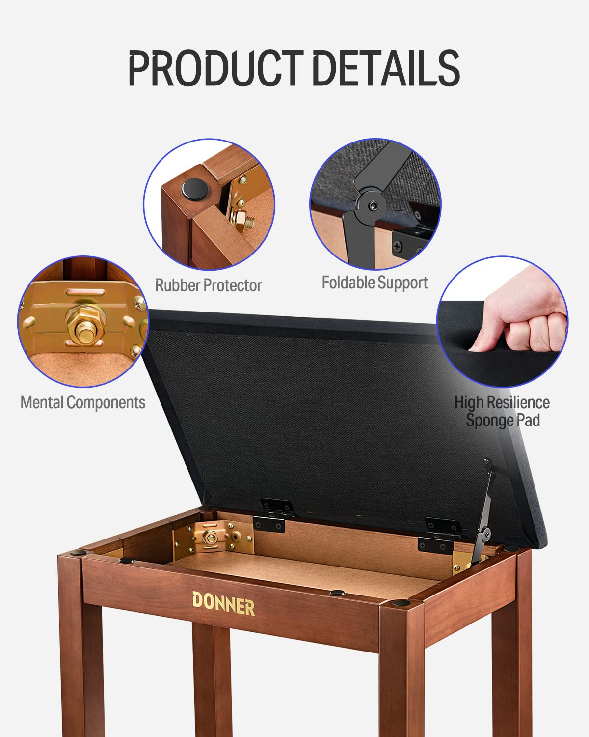 Donner Piano Bench With Storage, Solid Wood Keyboard Bench Piano Bookcase Stool Chair Seat With High Density Suede Cushion, Brow