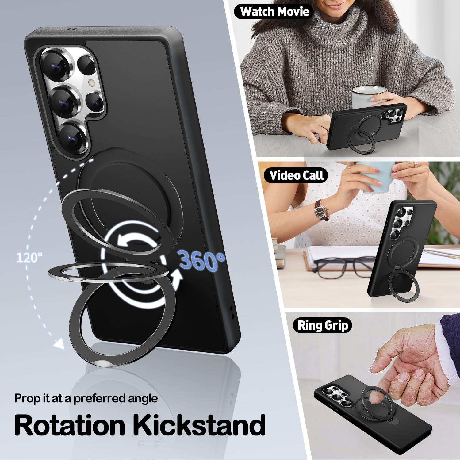 3-In-1 [360 Spin Stand+Magnetic+Ring Holder] Case For Samsung Galaxy S25 Ultra Fit For Magsafe, Military Grade Protective, Trans