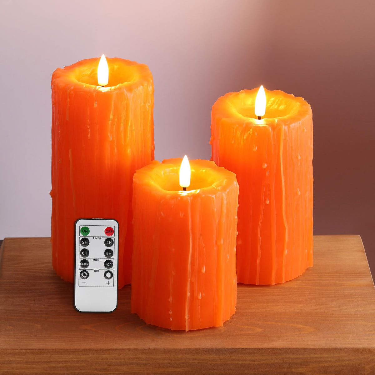 Eywamage Orange Dripping Wax Flameless Pillar Candles With Remote, Flickering Battery Operated Halloween Led Candles Set Of 3
