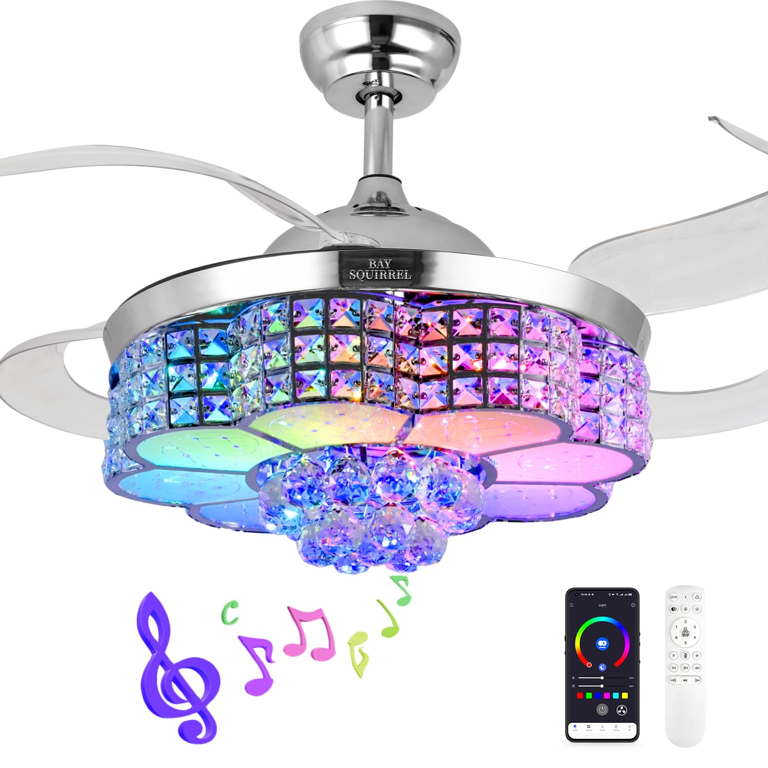 BAYSQUIRREL Retractable Crystal Ceiling Fan with Light, Remote and APP Control, 6 Speeds Reversible Blades, 3-Color LED Dimmable