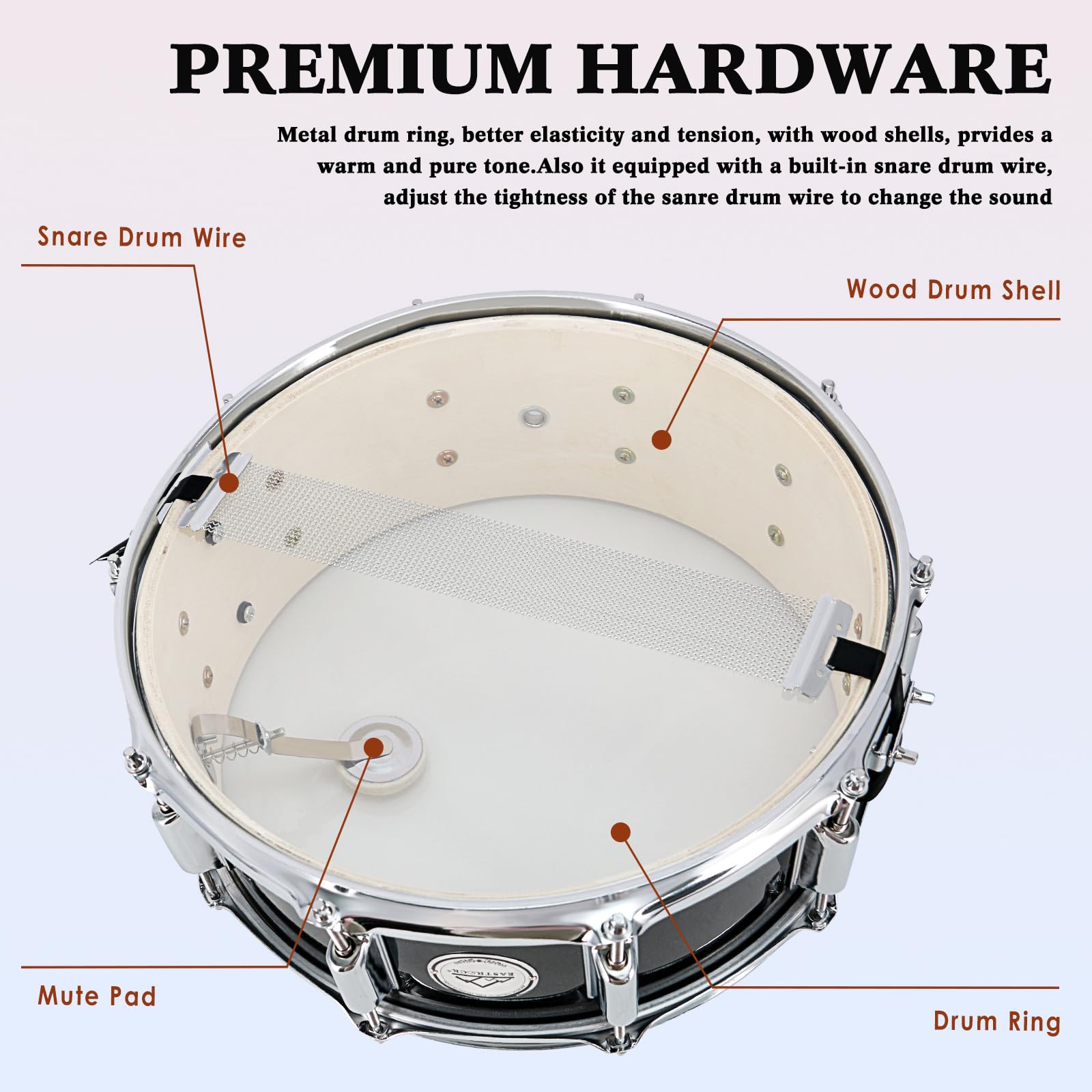 Eastrock Snare Drum Set 14X5.5 Inches For Student Beginners With Gig Bag, Drumsticks, Stand, Drum Keys, Coated Material Drum Hea