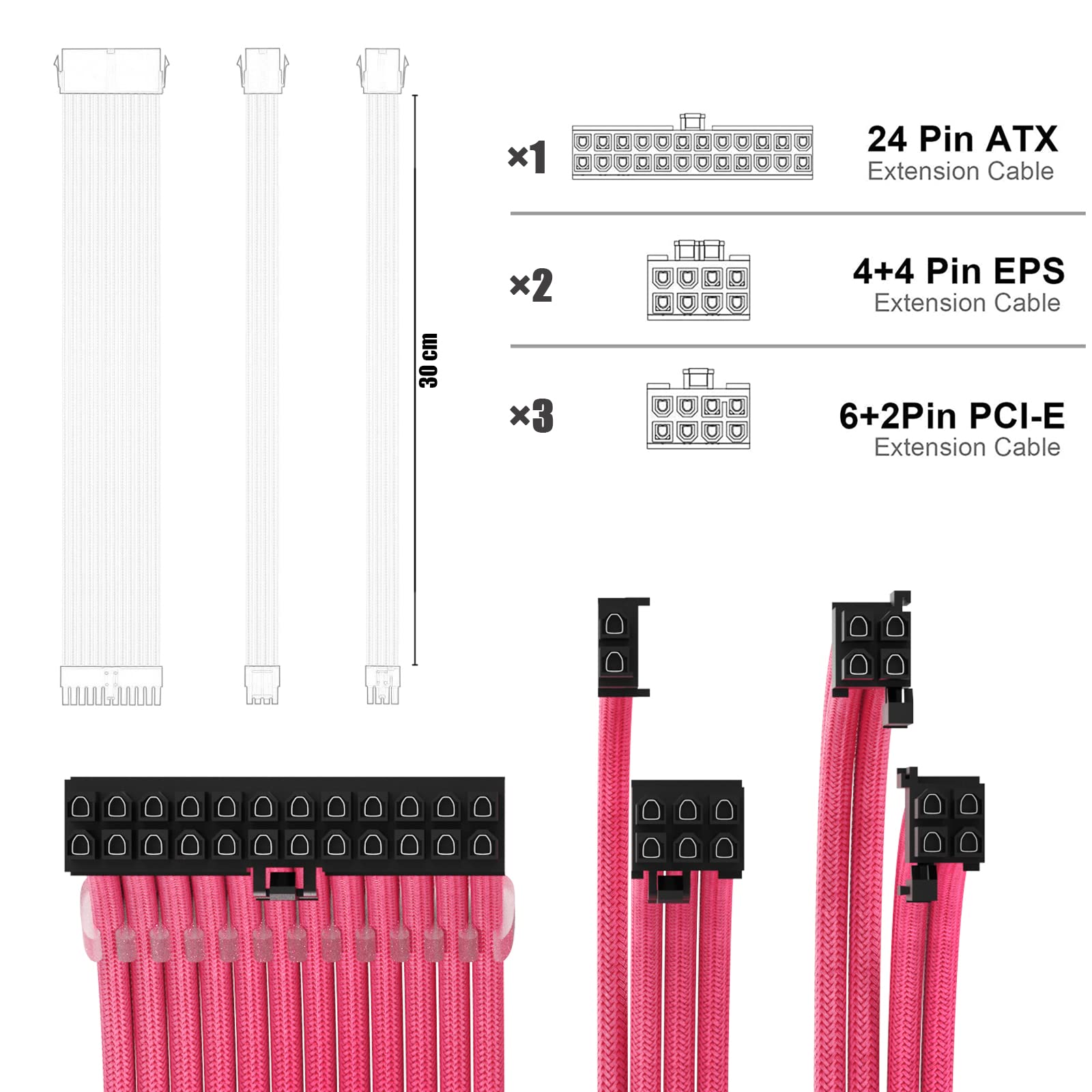 Abno1 Psu Cable Extension Kit 30Cm Length With Two Sets Of Cable Combs,1X24Pin/2X8Pin(4+4)/3X8Pin(6P+2P) Pc Sleeved Cable For At