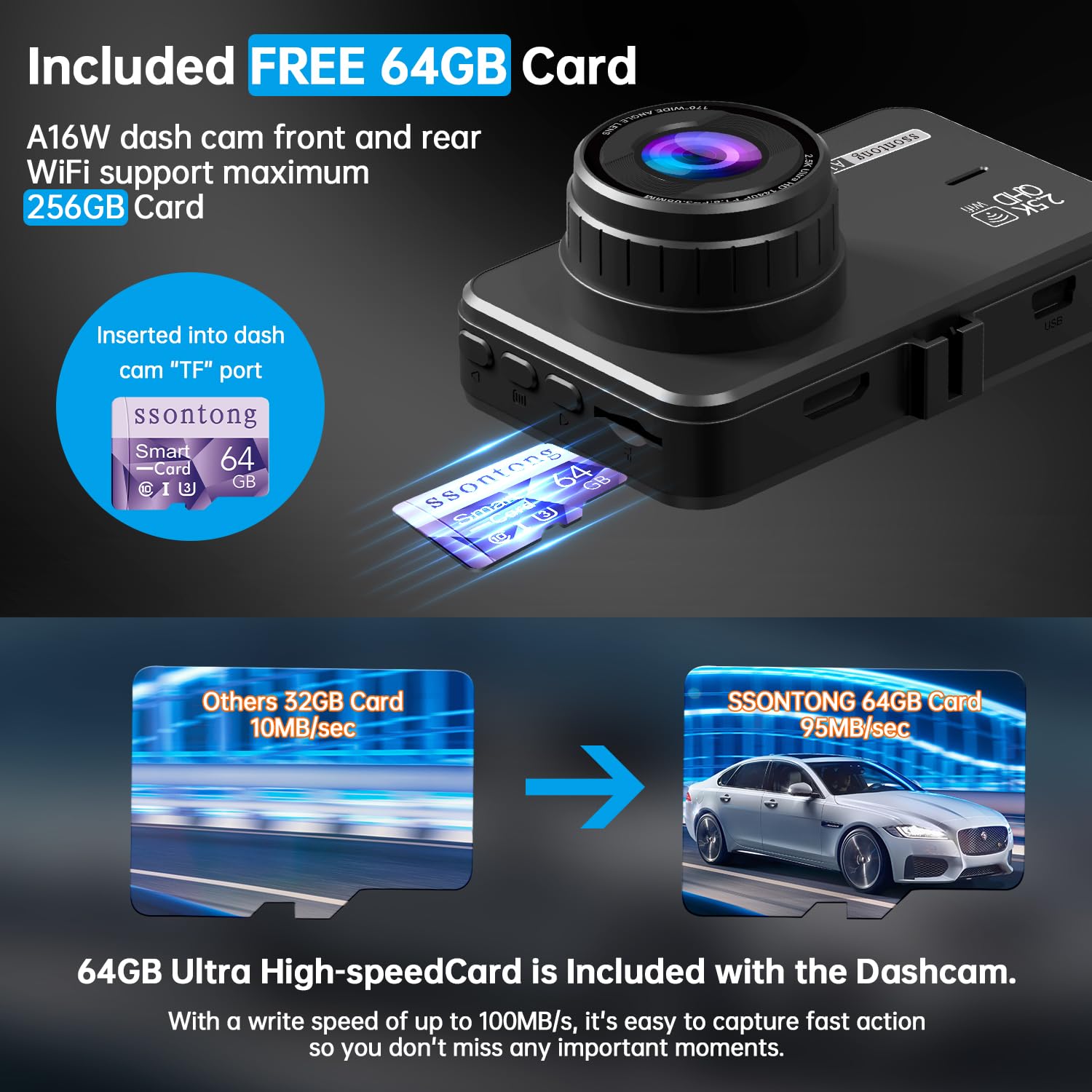 Dash Cam Front And Rear, Dash Camera For Cars Wifi/App Control Dual Dashcam W/ 64Gb Card, 2.5K Dash Cam Front+1080P Rear Car Cam