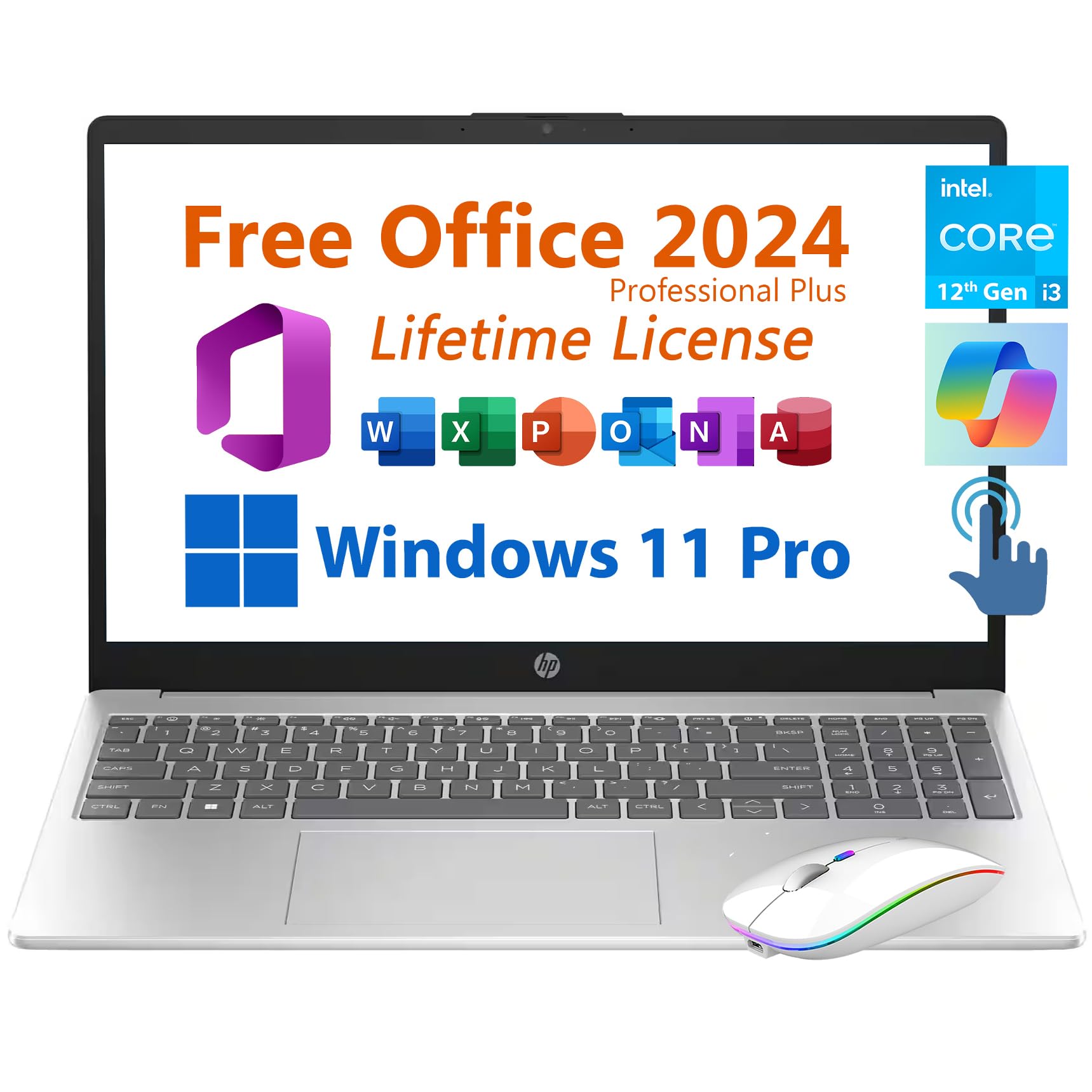 Hp 15.6'' Business Student Laptop, Free Microsoft Office 2024 Lifetime License, Copilot Ai Chat, Hd Touchscreen, Intel 6-Core I3