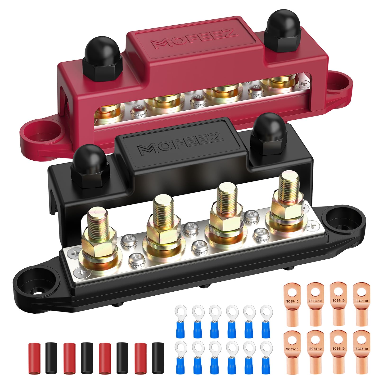 Mofeez Power Distribution Block Bus Bar, 4 X 3/8' Post Marine Bus Bar Battery Busbar Terminal Block With Cover, Lugs, Ring Terminals (Pair, Red & Black)