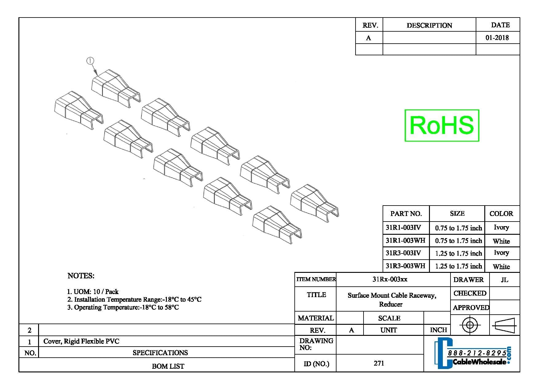 Cord Cover Cable Raceway, 3/4 To 1.75 Inch Surface Mount Cable Raceway Reducer On Wall Cord Concealer (Transitions 3/4 And 1.75'