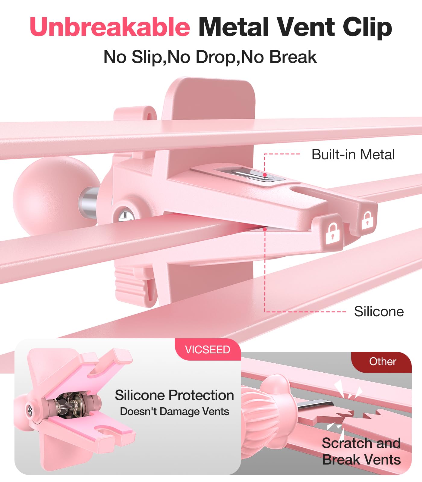 VICSEED Pink Car Phone Holder - Sturdy Air Vent Mount for iPhone, Samsung, Android - Hands-Free Easy Clamp Cradle Accessory