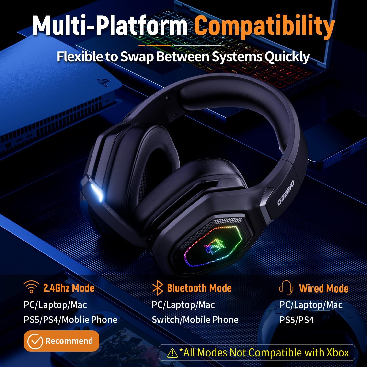 Ozeino Wireless Gaming Headset - 2.4GHz, USB & Type C, RGB Lighting, 30h Battery Life, Black - Compatible with PS5, PS4, PC, Phone