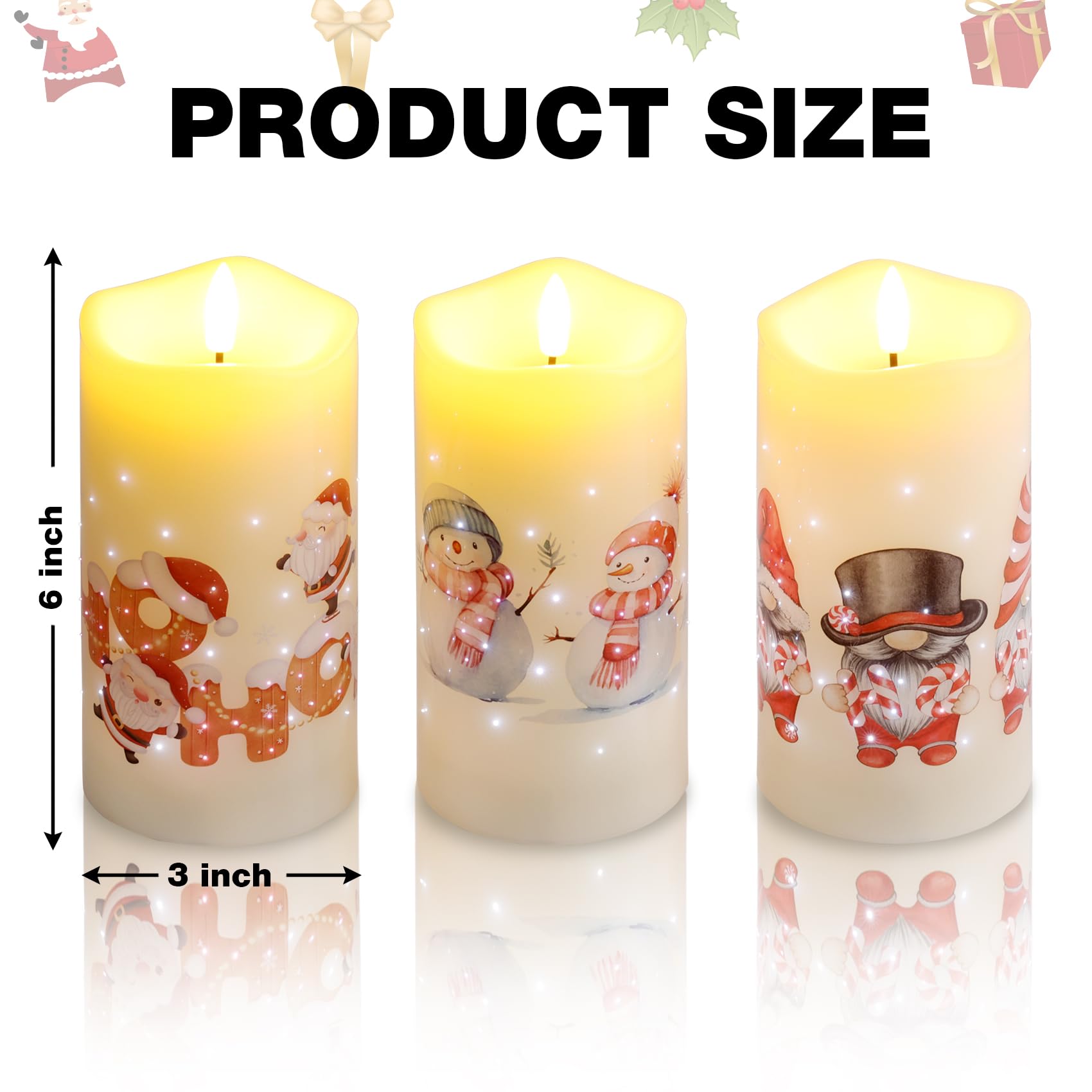 Eywamage Santa Snowman Gnomes Christmas Flameless Candles With Remote, Fiber Optic Battery Led Pillar Candles Set Of 3