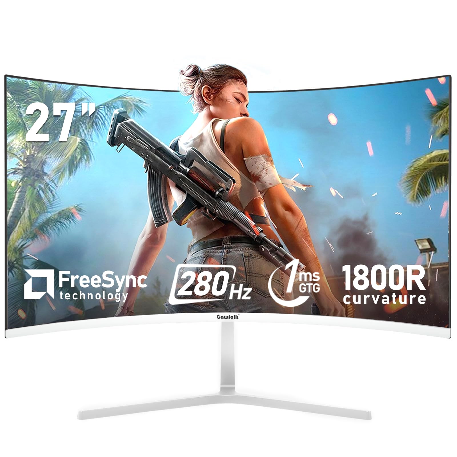 Gawfolk 27 Inch PC Computer Screen,1800R Curved Gaming 280Hz Monitors, FHD 1080p 1ms, Freesync, 98% sRGB,178  Angle View HDMI2.0