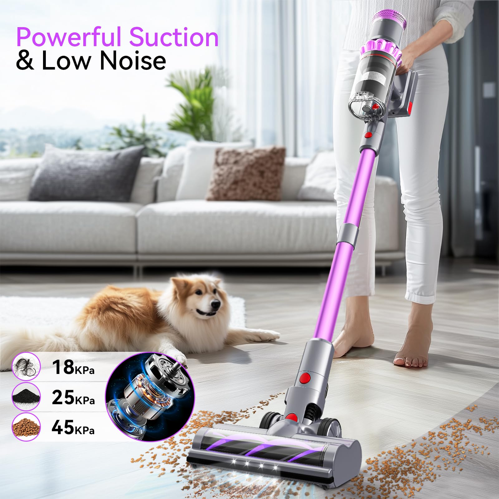 Cordless Vacuum Cleaner, 550W 45Kpa Vacuum Cleaners For Home, Stick Vacuum With Touch Screen, Up To 50 Min, Self Standing, Light