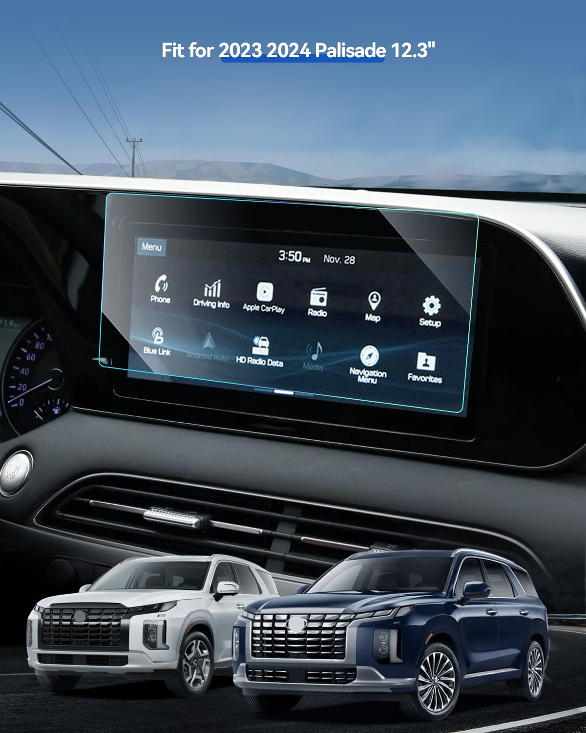 Lantu Palisade Accessories For 2023 2024 Hyundai Palisade 12.3'' Tempered Glass Gps Navigation Touchscreen Protector Film For 20
