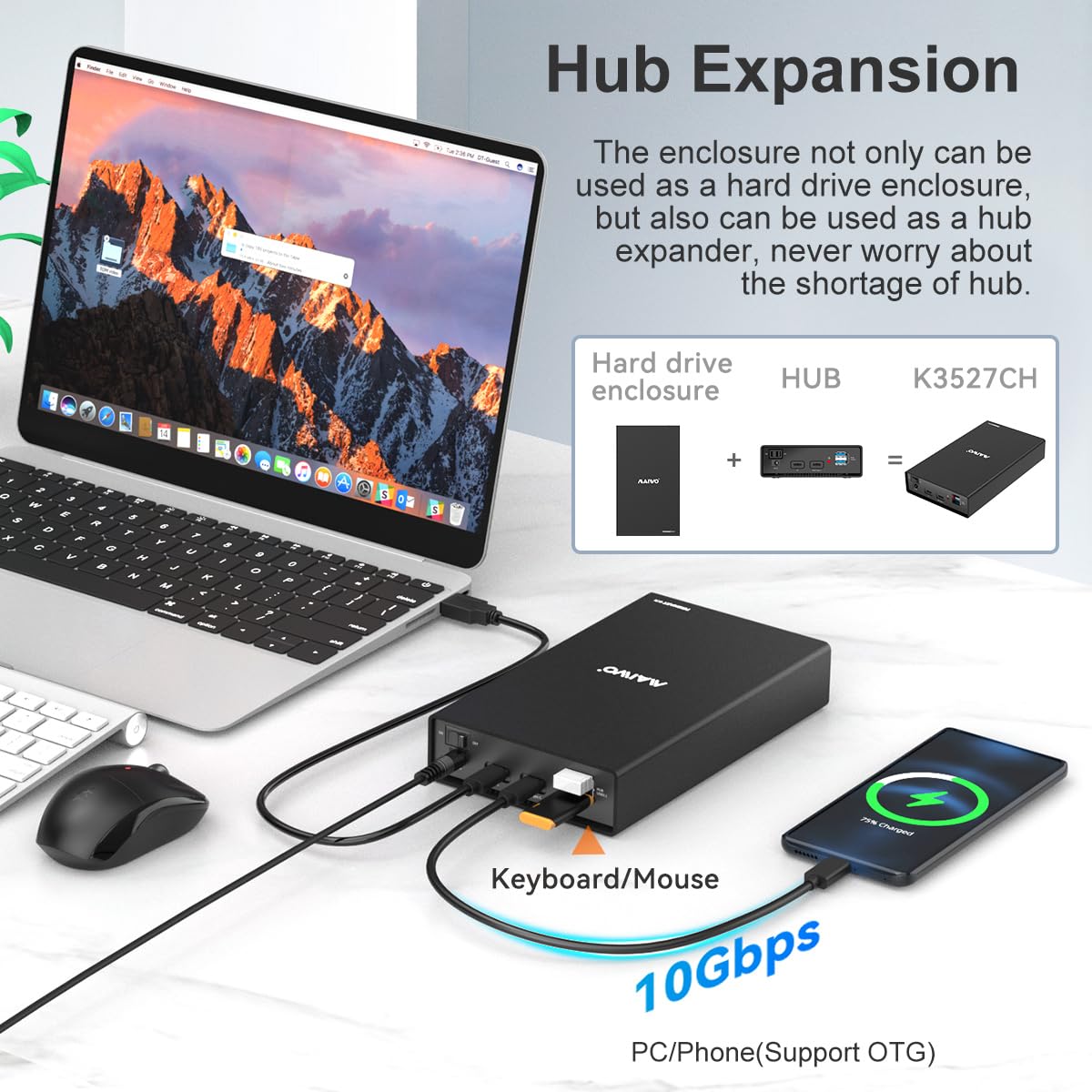 Maiwo External Hard Drive Enclosure(6Gbps) With Hub Expander For 3.5 2.5 Inch Sata Ssd Hdd Usb C To Sata Iii With Uasp, 1 Port Usb C Hub/2 Port Usb A 10Gbps Hub,Compatible With Seagate Samsung Xbox