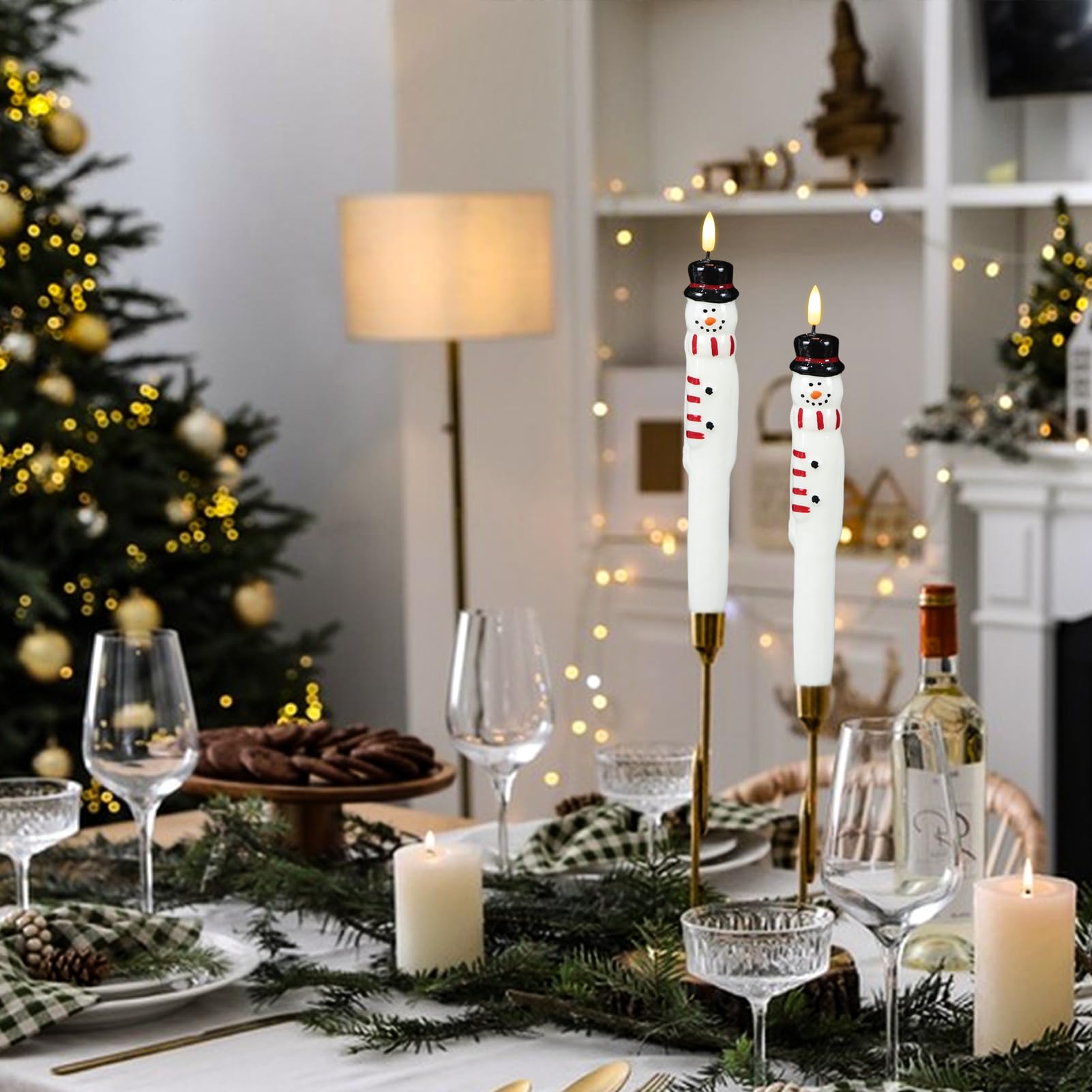 Kunswenn Christmas Taper Candles, Led Flameless Taper Candles With Timer, 2 Pcs Christmas Snowman Flameless Candlesticks With 3D