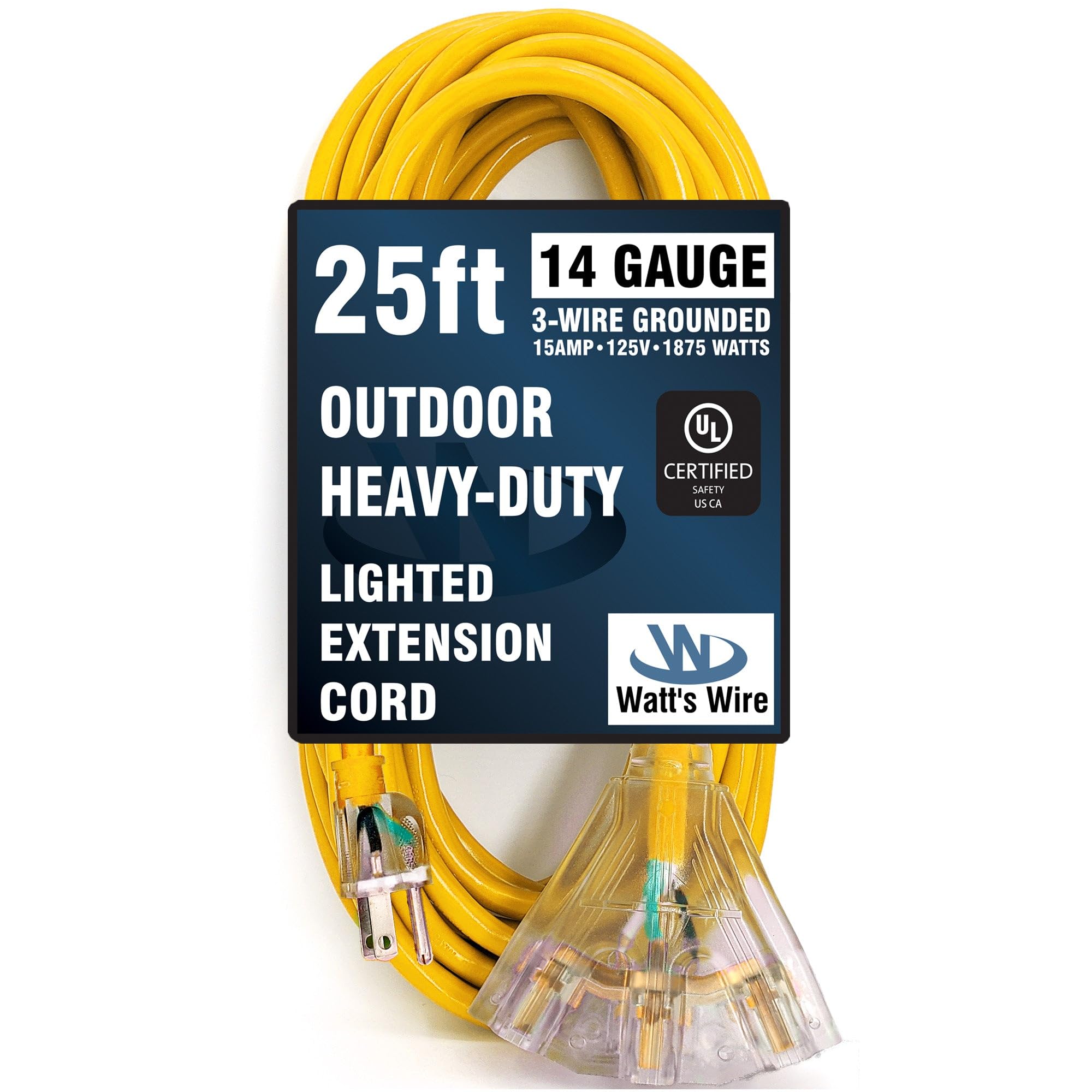 25 Ft   14 Gauge Heavy Duty Extension Cord   3 Outlet Lighted Sjtw   Indoor/Outdoor Extension Cord By Watt'S Wire   25' 14 Gauge