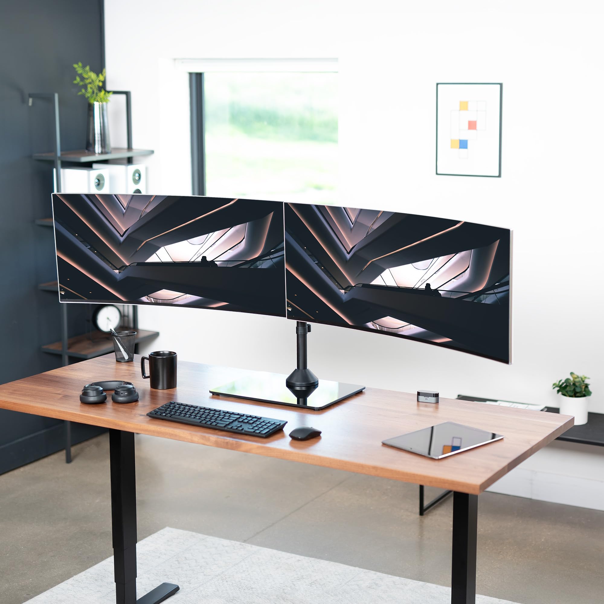 VIVO Freestanding Dual Ultrawide Monitor Stand with Sleek Glass Base and Adjustable Arms, 2 Screens up to 38 inches and 22 lbs Each, Black, STAND V038FG