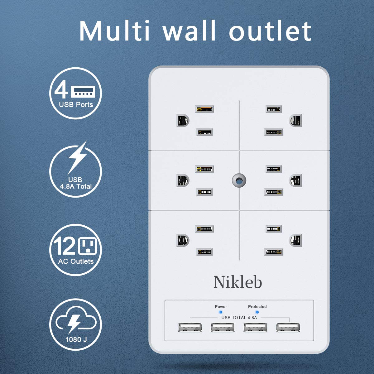 Multi Plug Outlet Surge Protector Nikleb, 12 Electrical Outlets Extender With 4 Usb Charging Ports Total 4.8A, Wall Plug Expande