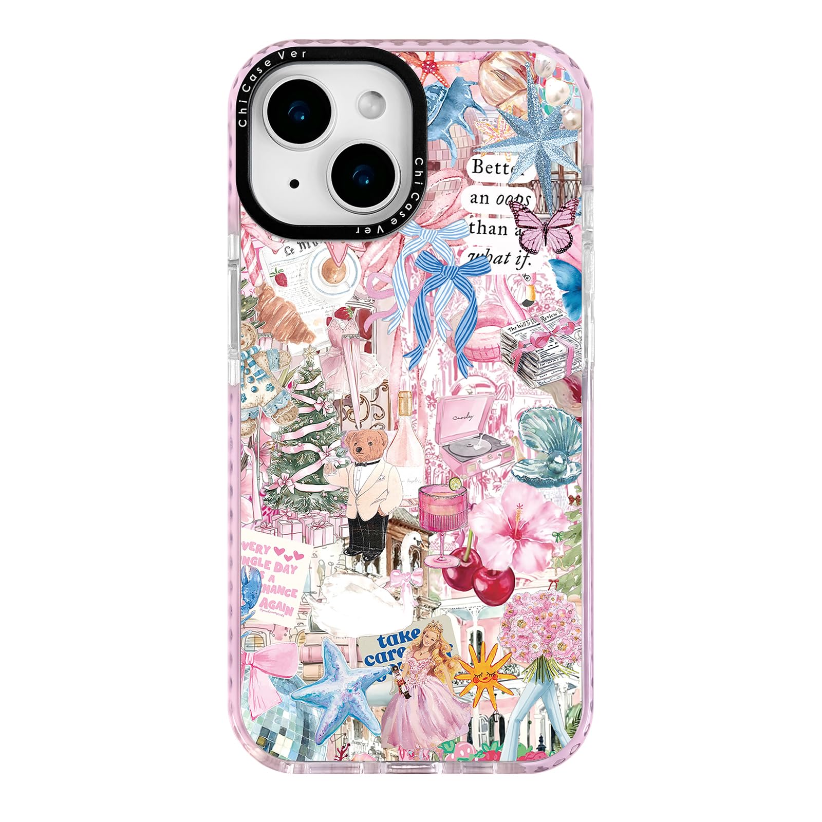 ChiCaseVer for iPhone 15 Plus Case,Pink Romantic Collage Pattern with Ballerinas & Cute Teddy, Military-Grade Drop Protection, G
