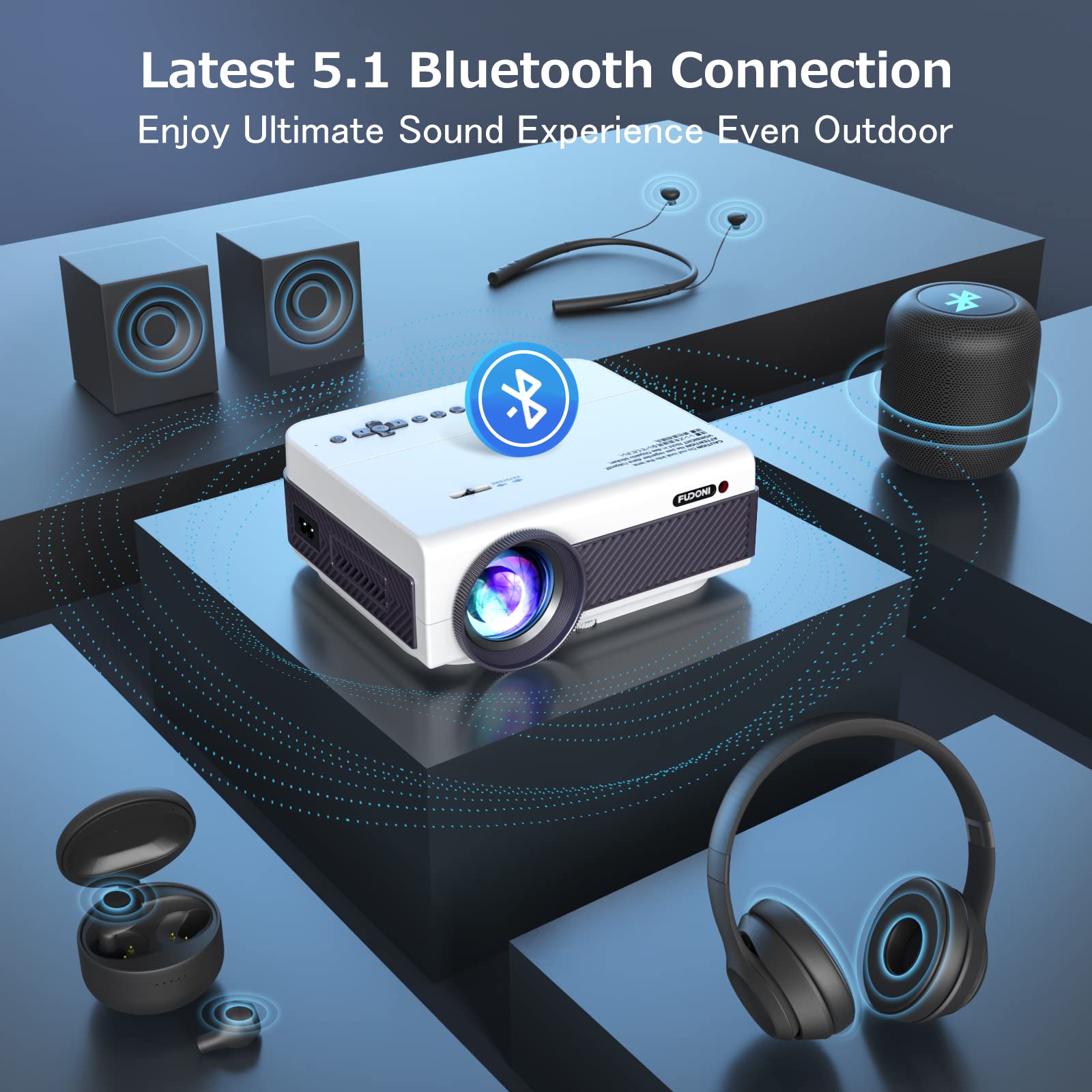 FUDONI V7 WiFi & Bluetooth Projector, 1080P, 15000L, 19.6x17.1x8.2cm, White & Purple,