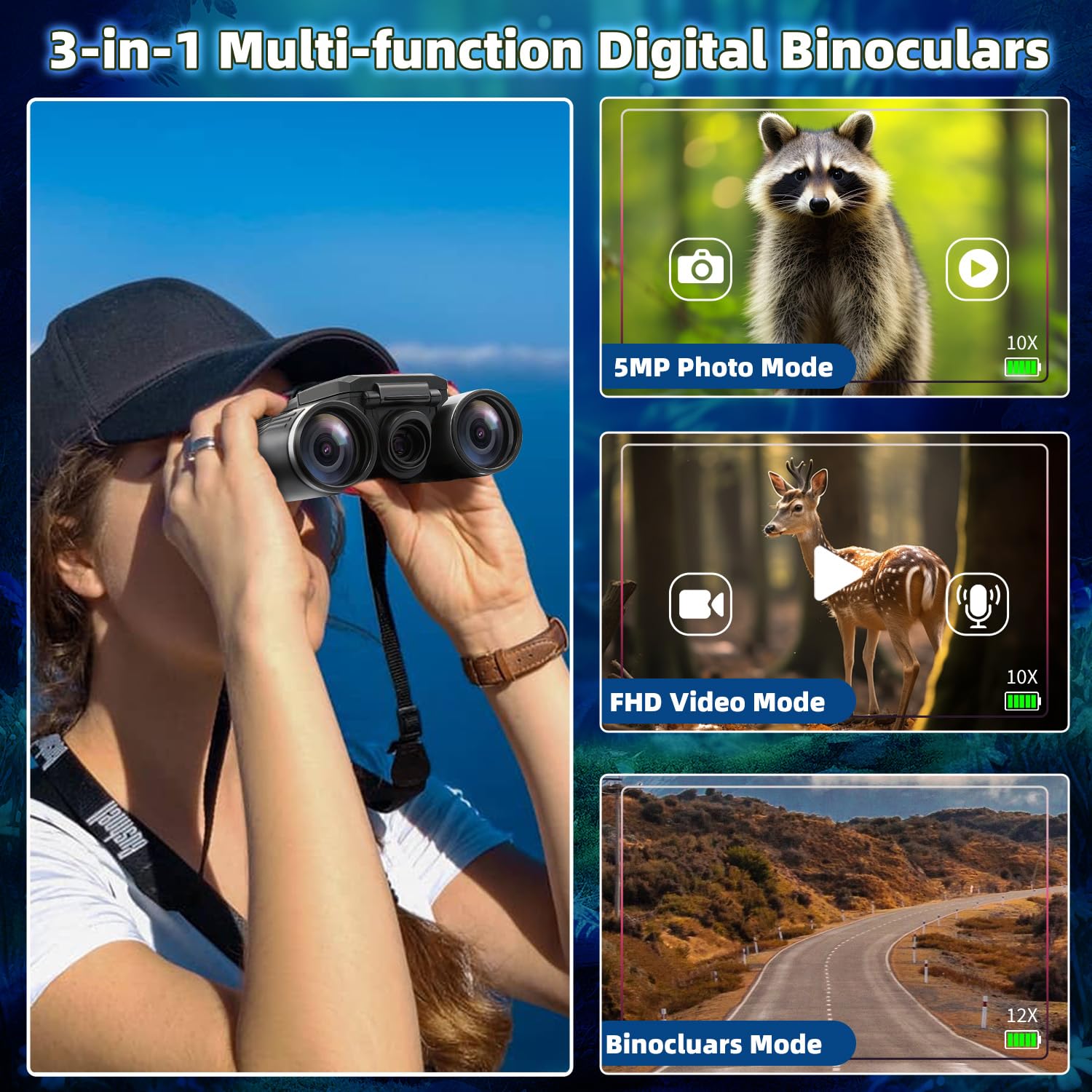 12X32 Binoculars For Adults, Digital Binoculars With Camera 5Mp Photo Full Hd Video 2 Lcd Display Screen With 32Gb Micro Sd Card