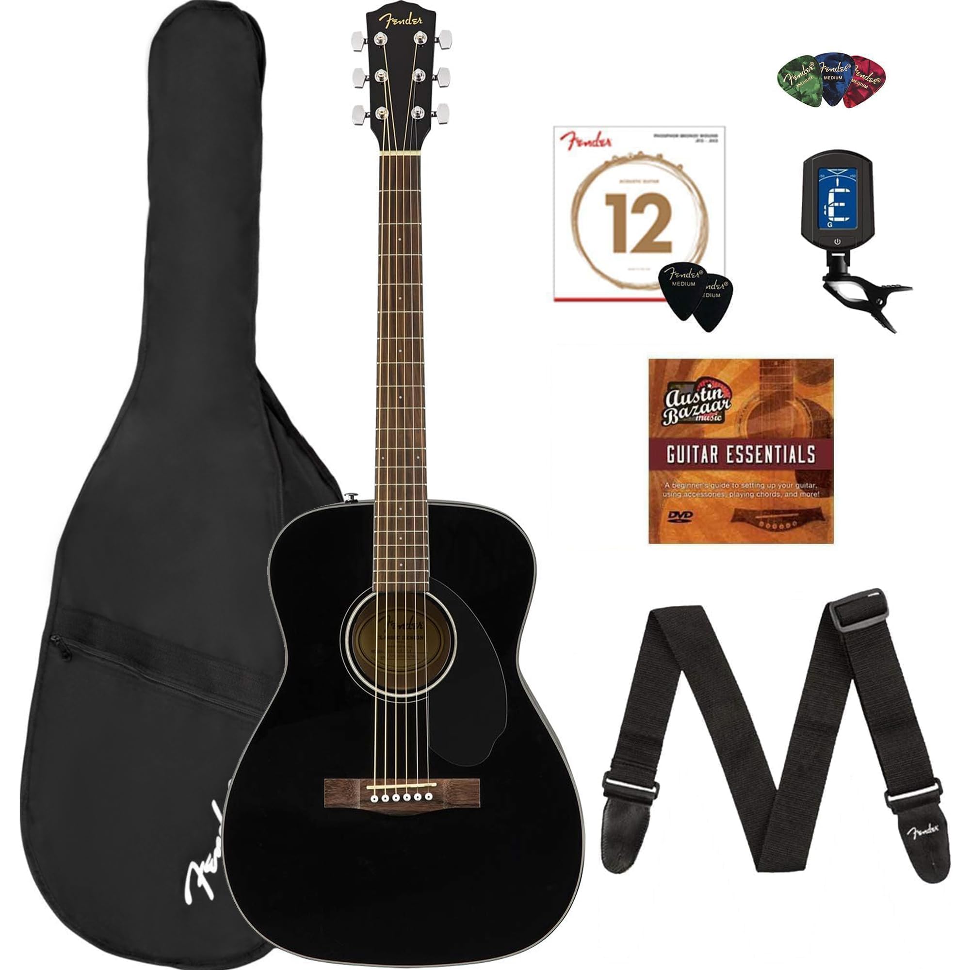 Fender CC-60S Concert Acoustic Guitar - Black Bundle with Gig Bag, Tuner, Strap, Strings, Picks, Fender Play Online Lessons, Ins